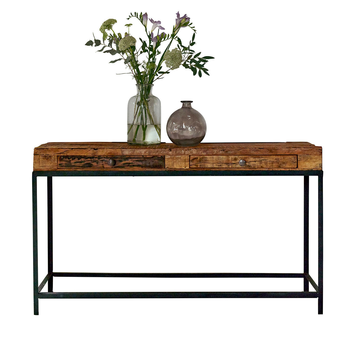 Consolle Rovino Consolle in legno e metallo con due cassetti, decorata con vaso e fiori freschi