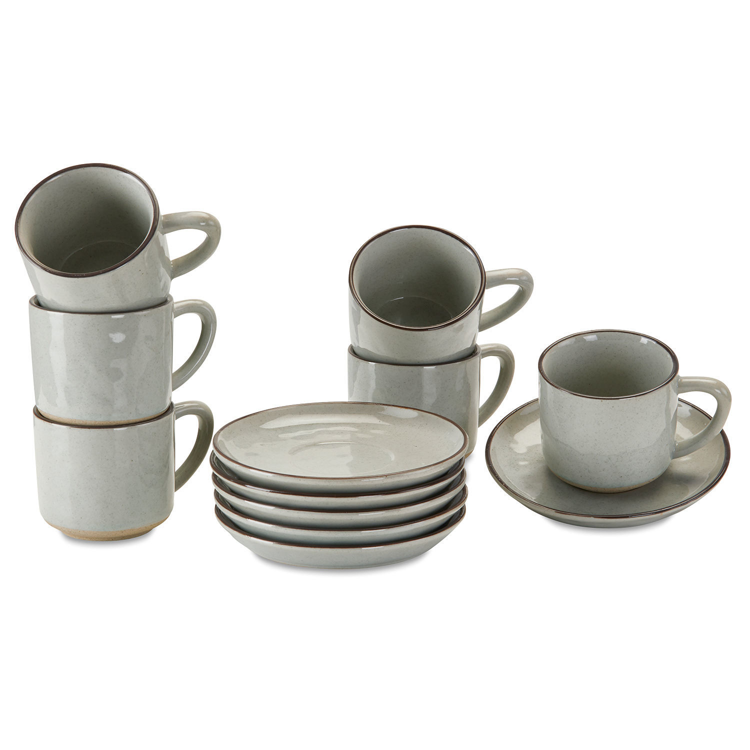 Set di 6 tazze con piattino Biarré Set di tazze e piattini in ceramica grigia con bordo marrone per caffè o tè