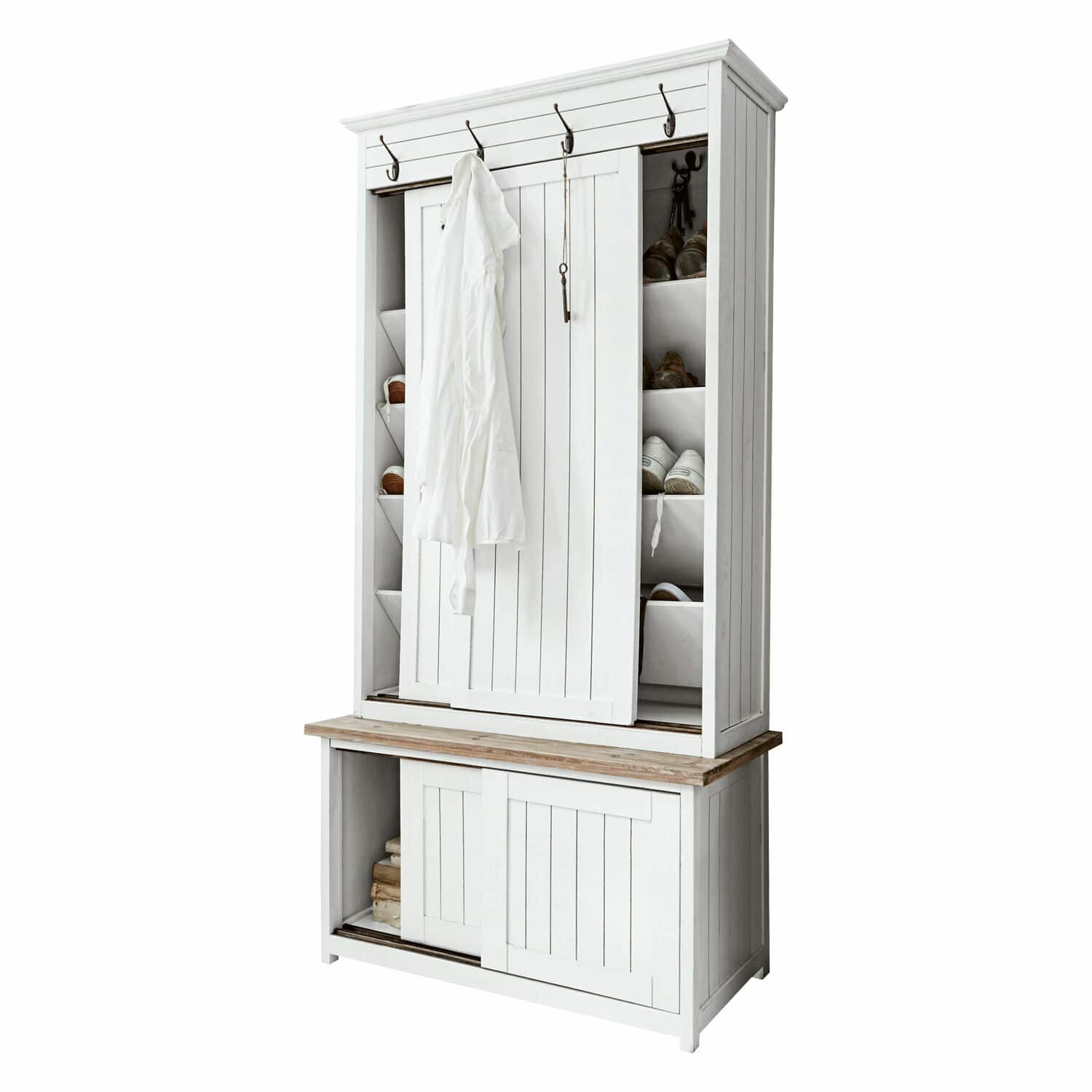 Guardaroba Remerton Mobile in legno bianco con scaffali per scarpe e ganci per abiti nell'ingresso