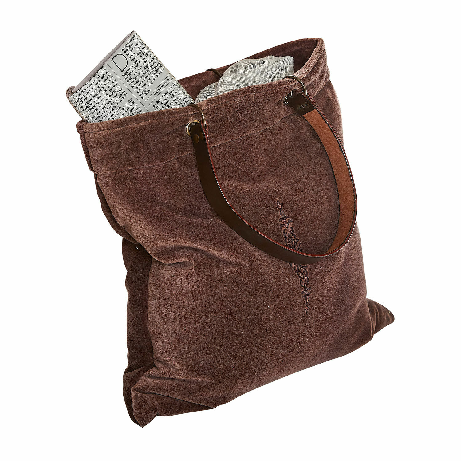 Borsa Clarimonda Borsa in camoscio marrone con manici marrone scuro e giornale all'interno, borsa a tracolla