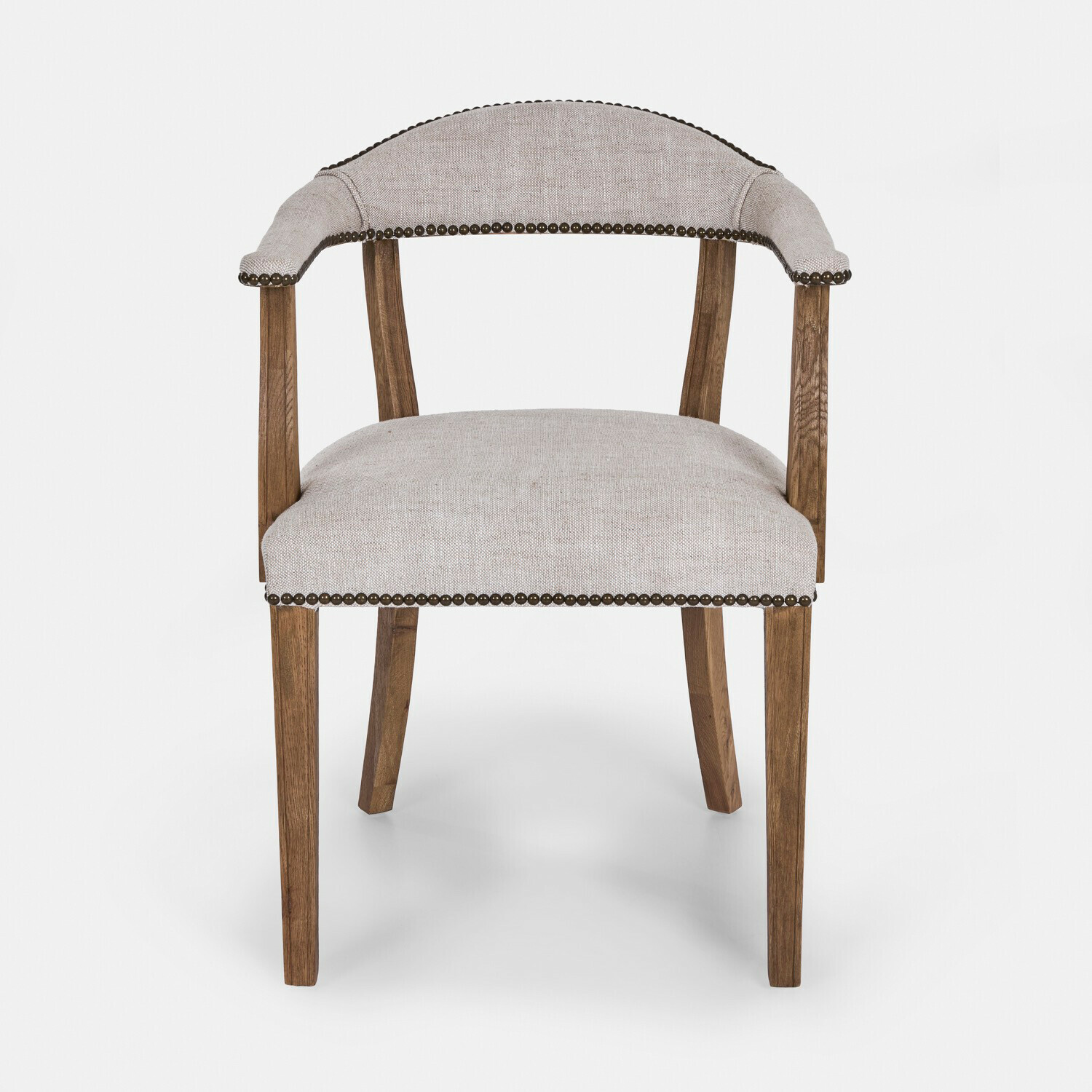 lino Sedia Heaton in lino beige e legno chiaro con chiodi decorativi, design elegante per soggiorno