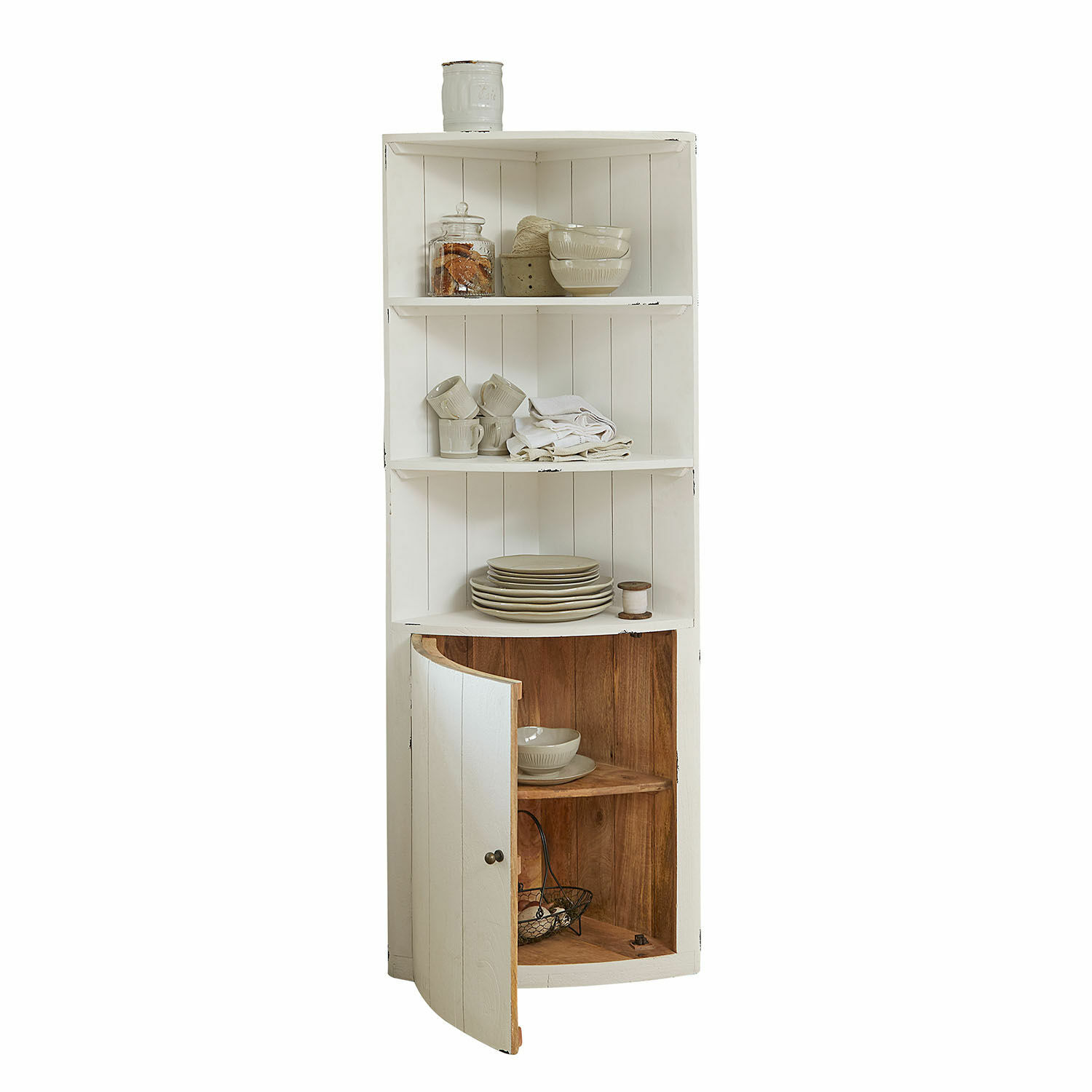 Angoliera Emarive Libreria ad angolo in legno bianco con ripiani e anta, perfetta per riporre stoviglie e decorazioni