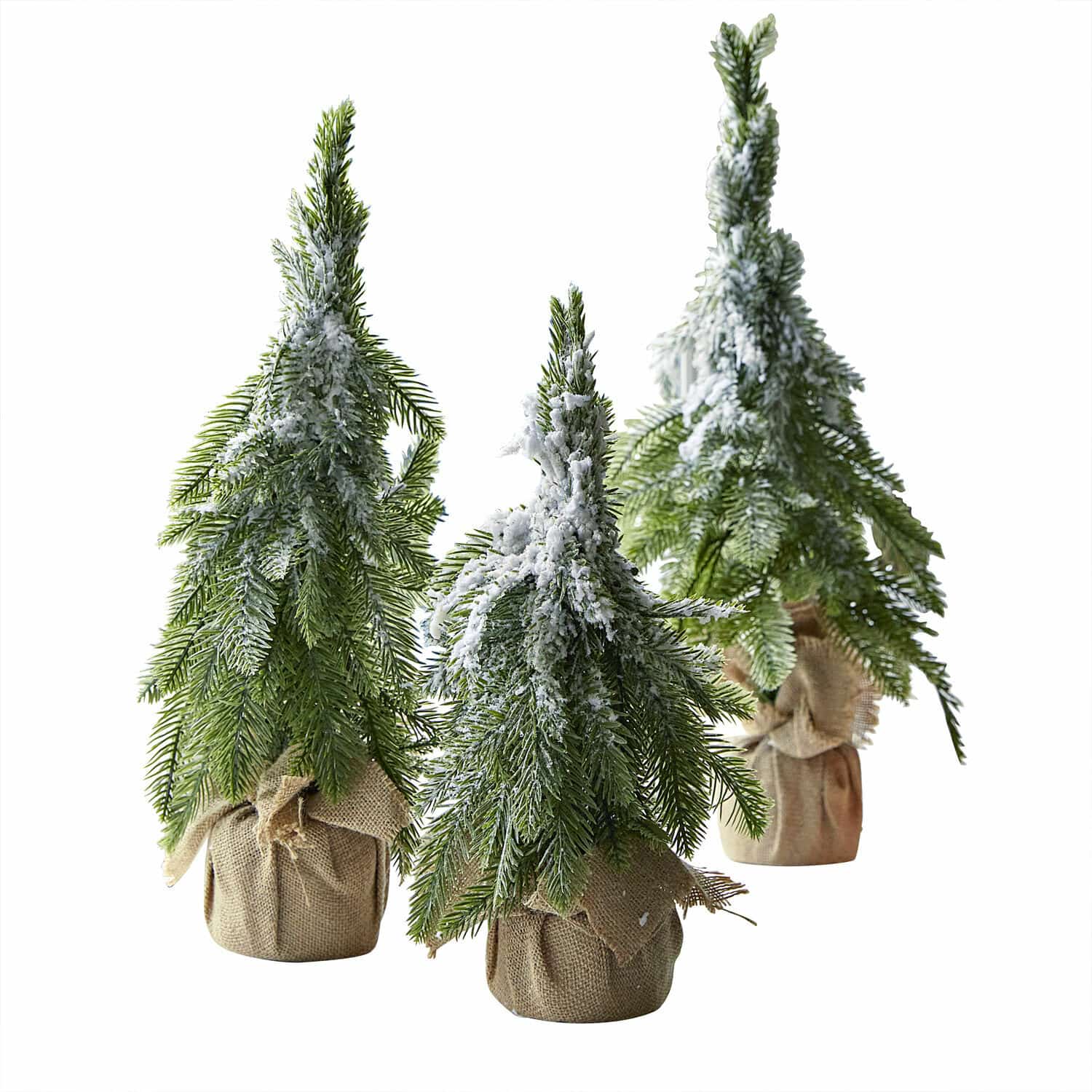 Set di 3 alberelli decorativi Selitor Tre alberi di Natale artificiali con aghi verdi e neve bianca, avvolti in juta, decorazione natalizia