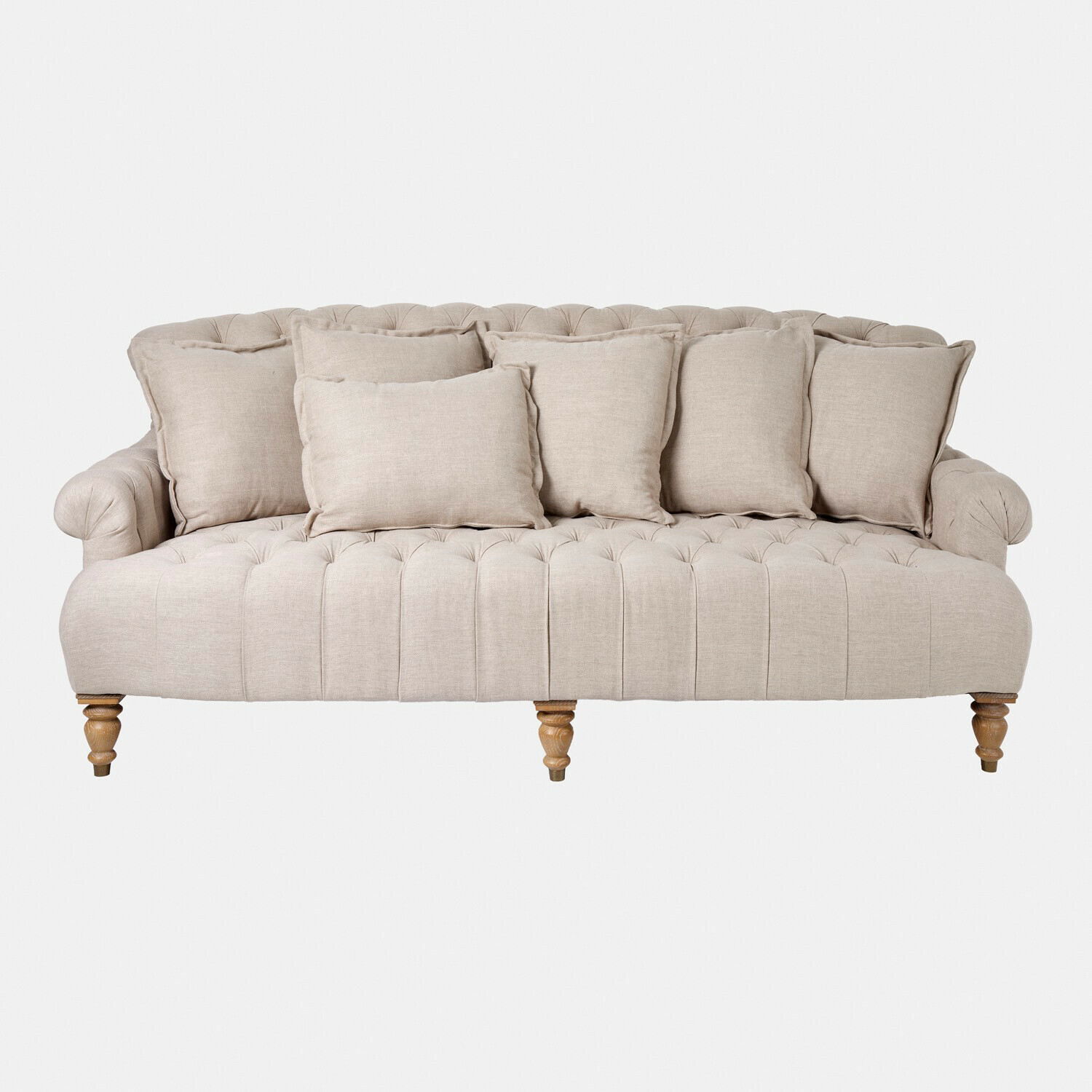 lino Divano Springfield Village beige in lino con seduta capitonné e cuscini, elegante e confortevole per il soggiorno