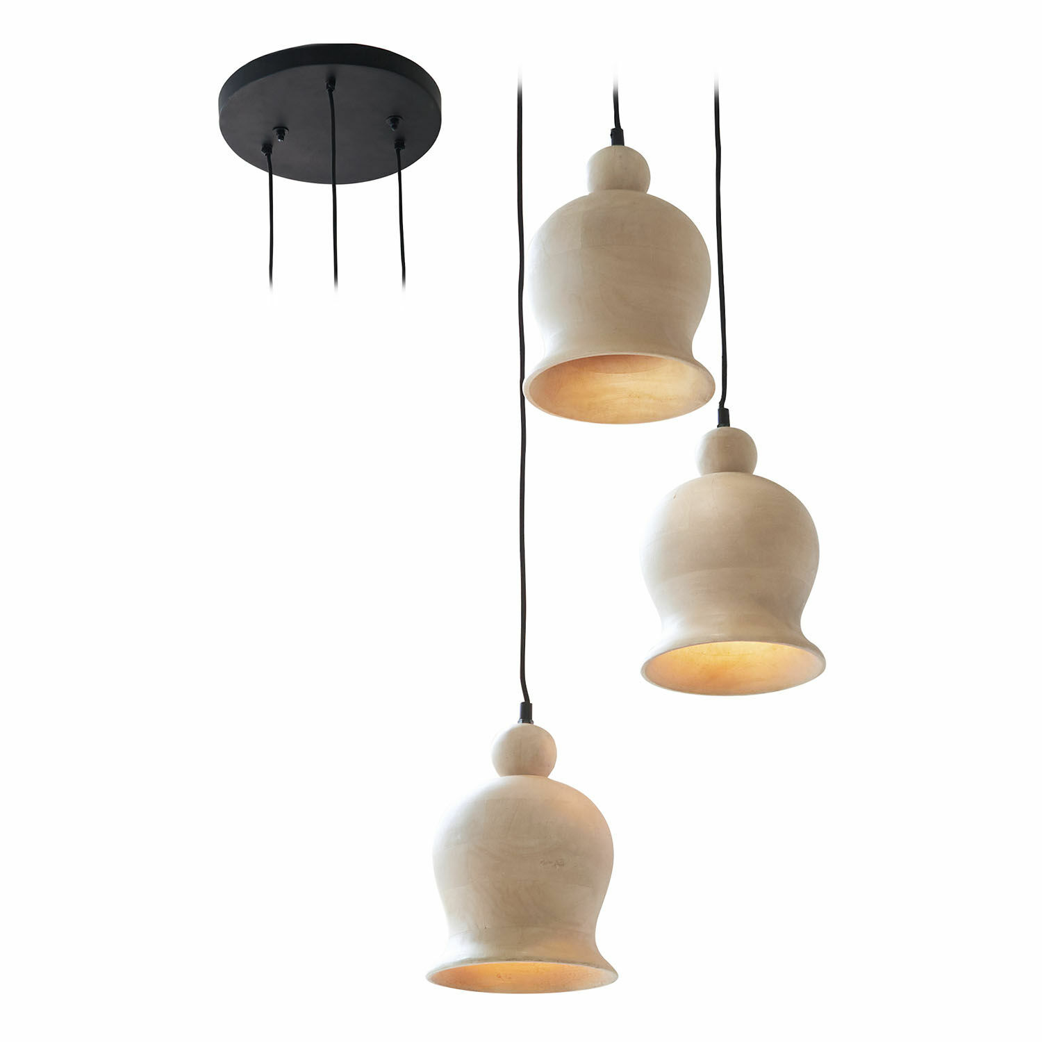Lampada a sospensione Ziravet Tre lampade a sospensione in ceramica beige con cavi neri e base rotonda nera da soffitto