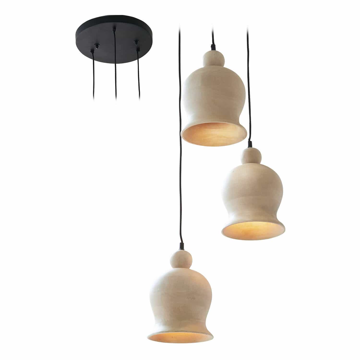 Lampada a sospensione Ziravet Tre lampade a sospensione in ceramica beige con cavi neri e base rotonda nera da soffitto