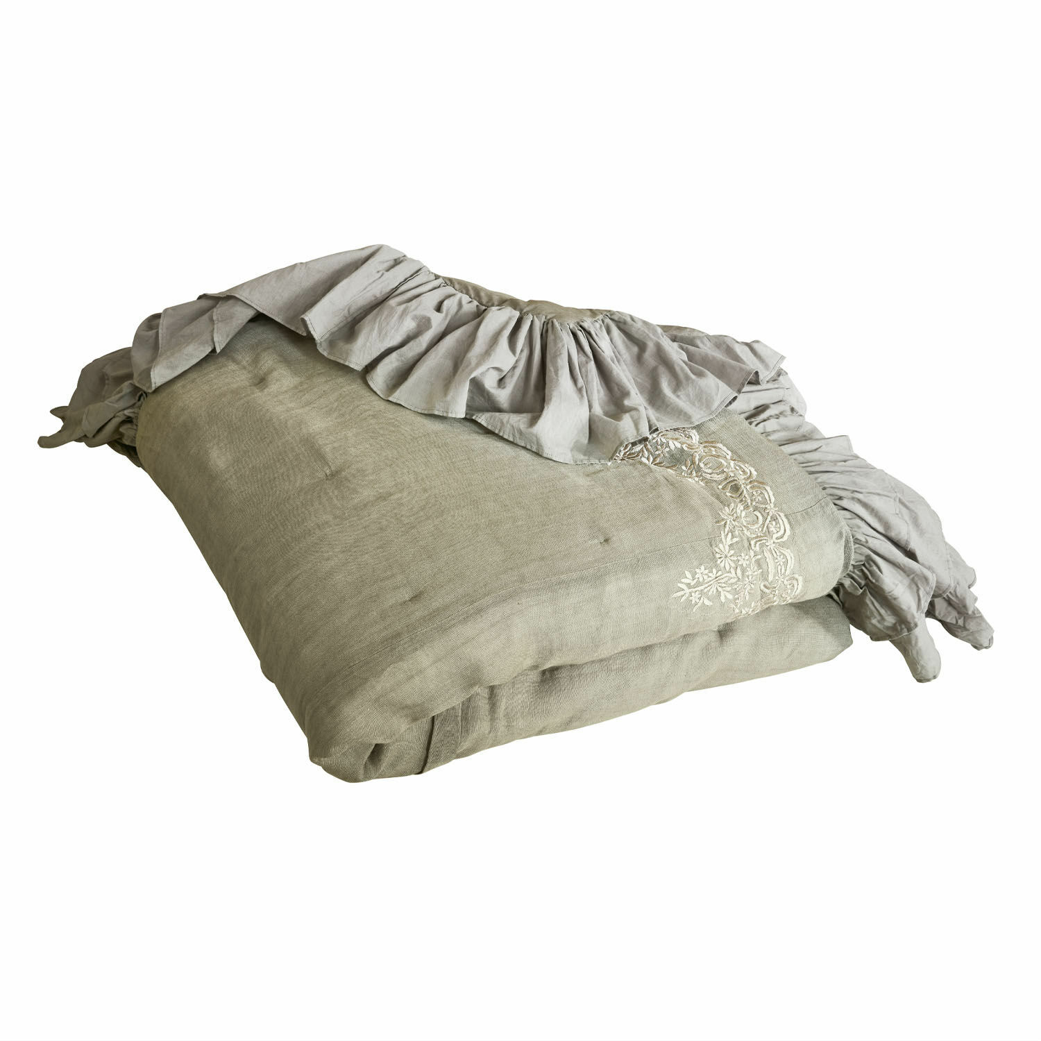Trapunta Therese Biancheria da letto in lino beige con volant e ricamo, tessuto naturale decorativo per camera da letto