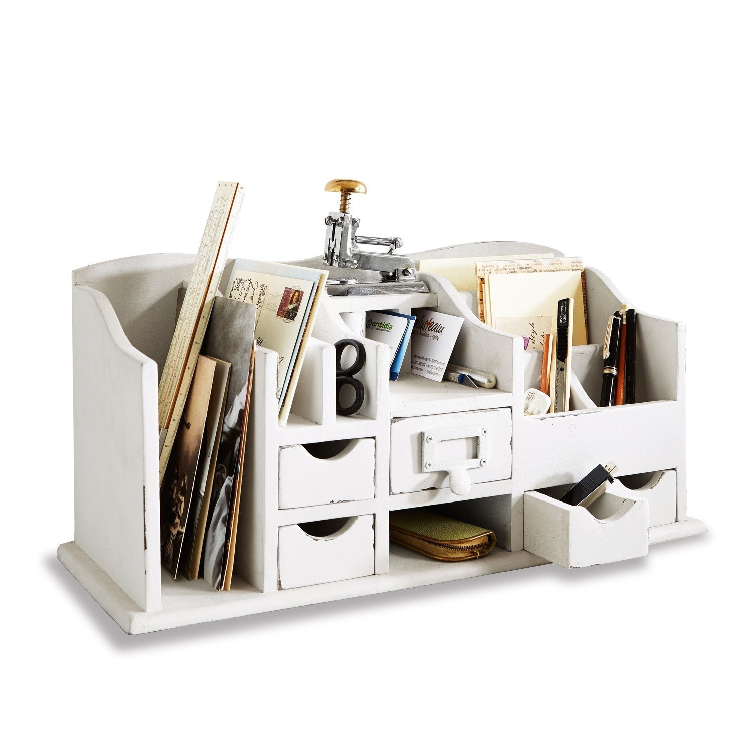 Portaoggetti Levin Organizzatore da scrivania in legno bianco con cassetti e scomparti per documenti e penne.
