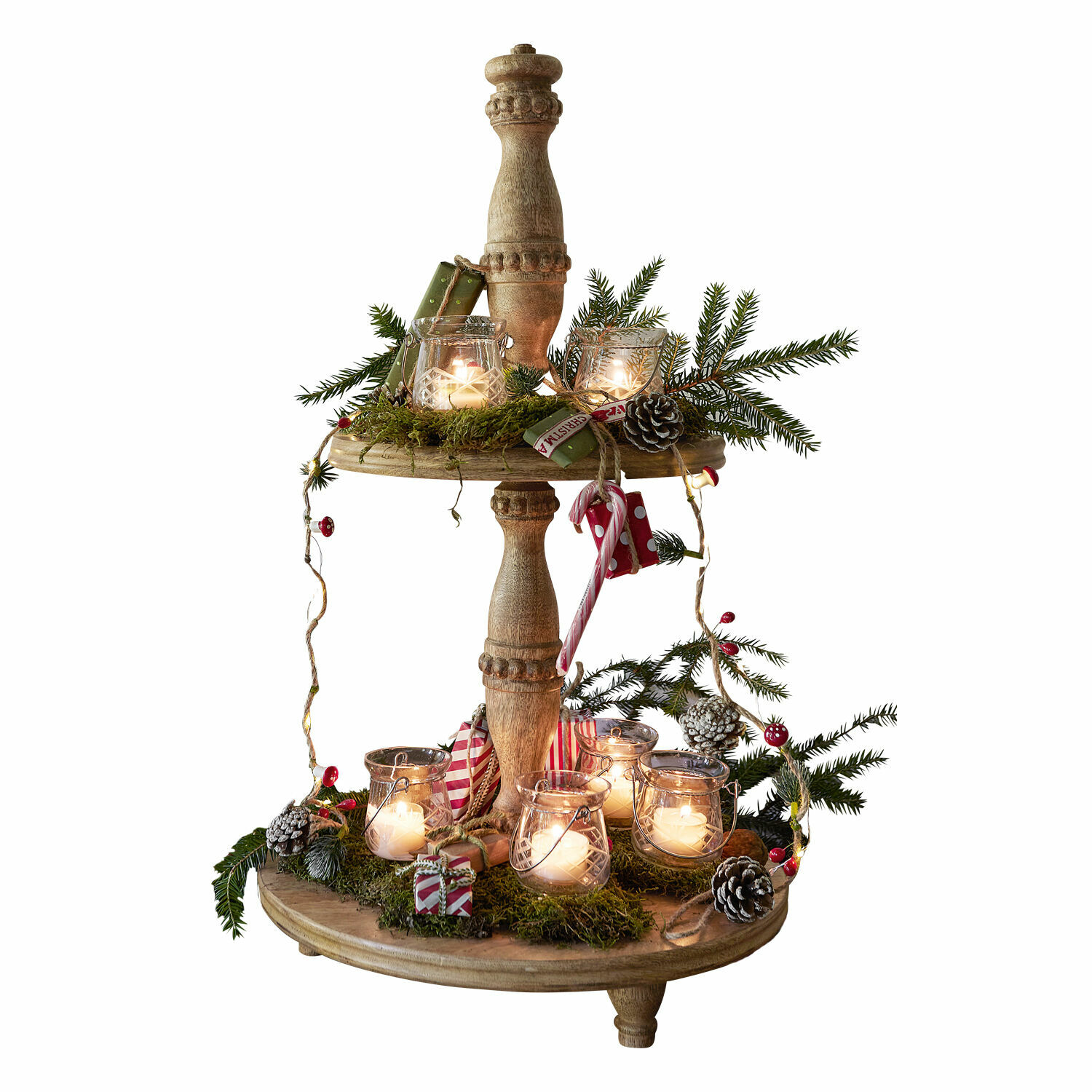 Alzata Ingham Decorazione natalizia in legno a due livelli con lanterne, rami verdi e ornamenti luminosi