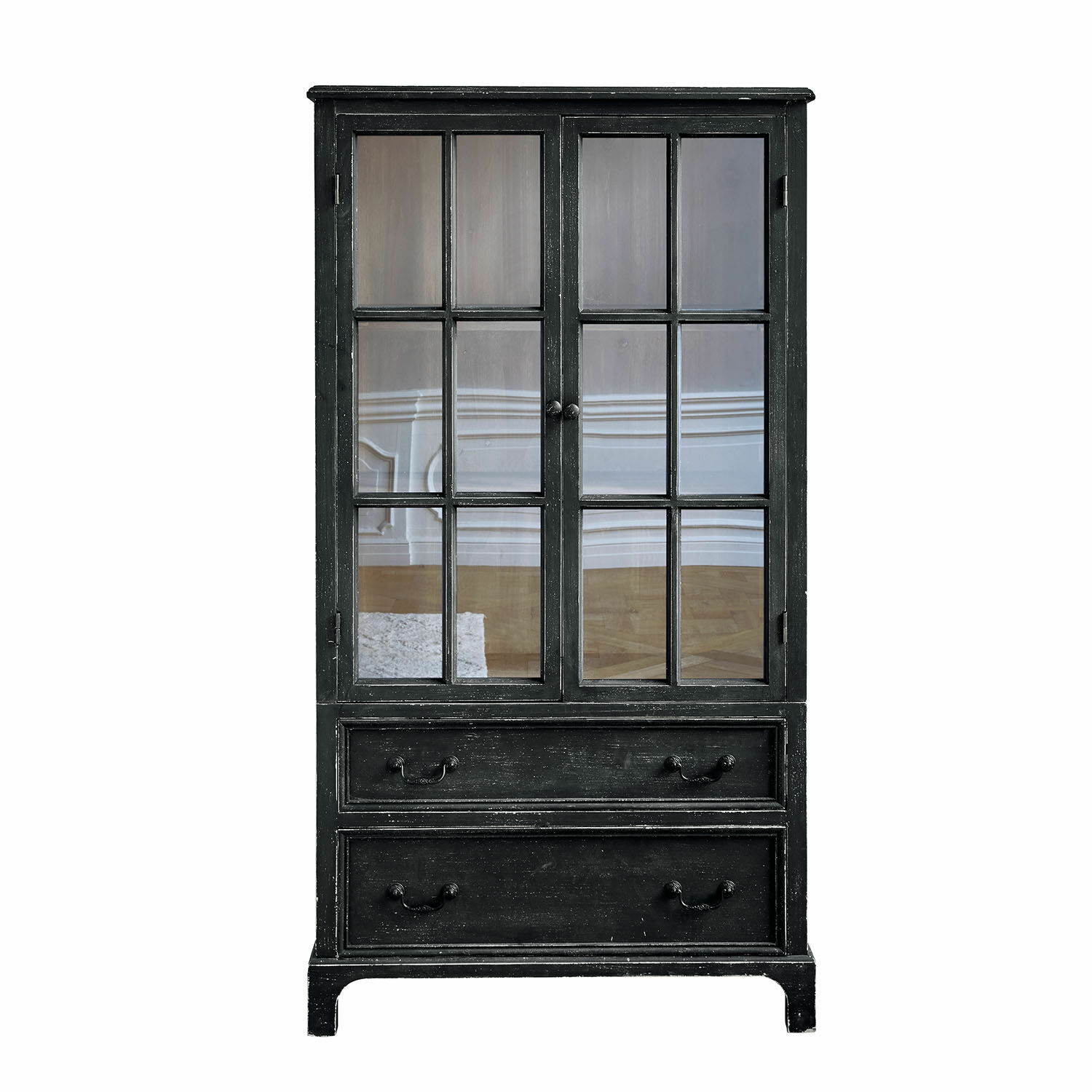 nero antico Armadio nero in legno Jarrowfield con ante in vetro e due cassetti, mobile elegante per soggiorno