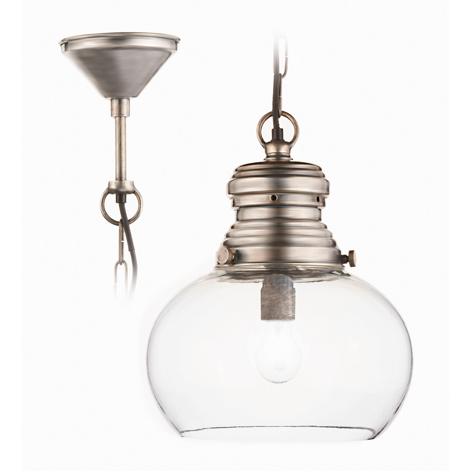 Lampada a sospensione Jule Lampada a sospensione in vetro con paralume in metallo argento e globo trasparente per illuminazione interna