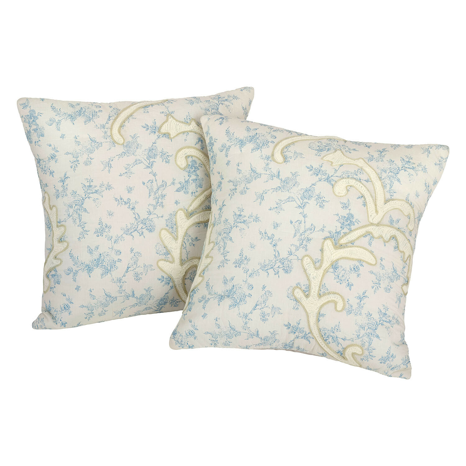 Coppia di copricuscini Rocaille Étoilée Coppia di cuscini decorativi in cotone crema con motivo floreale blu e ricamo elegante