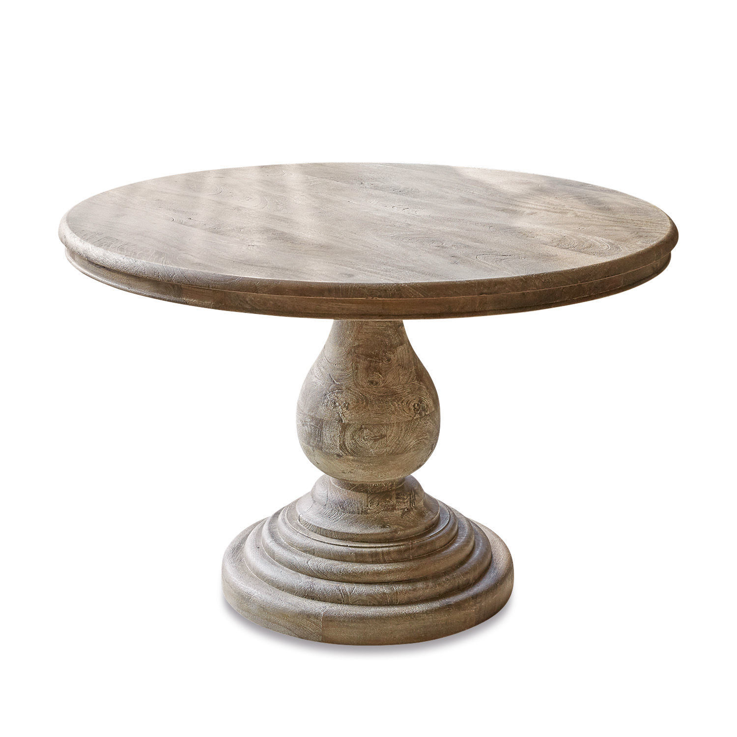 Tavolo Orlin Tavolo rotondo in legno di mango colore naturale con base decorativa, mobile da sala da pranzo