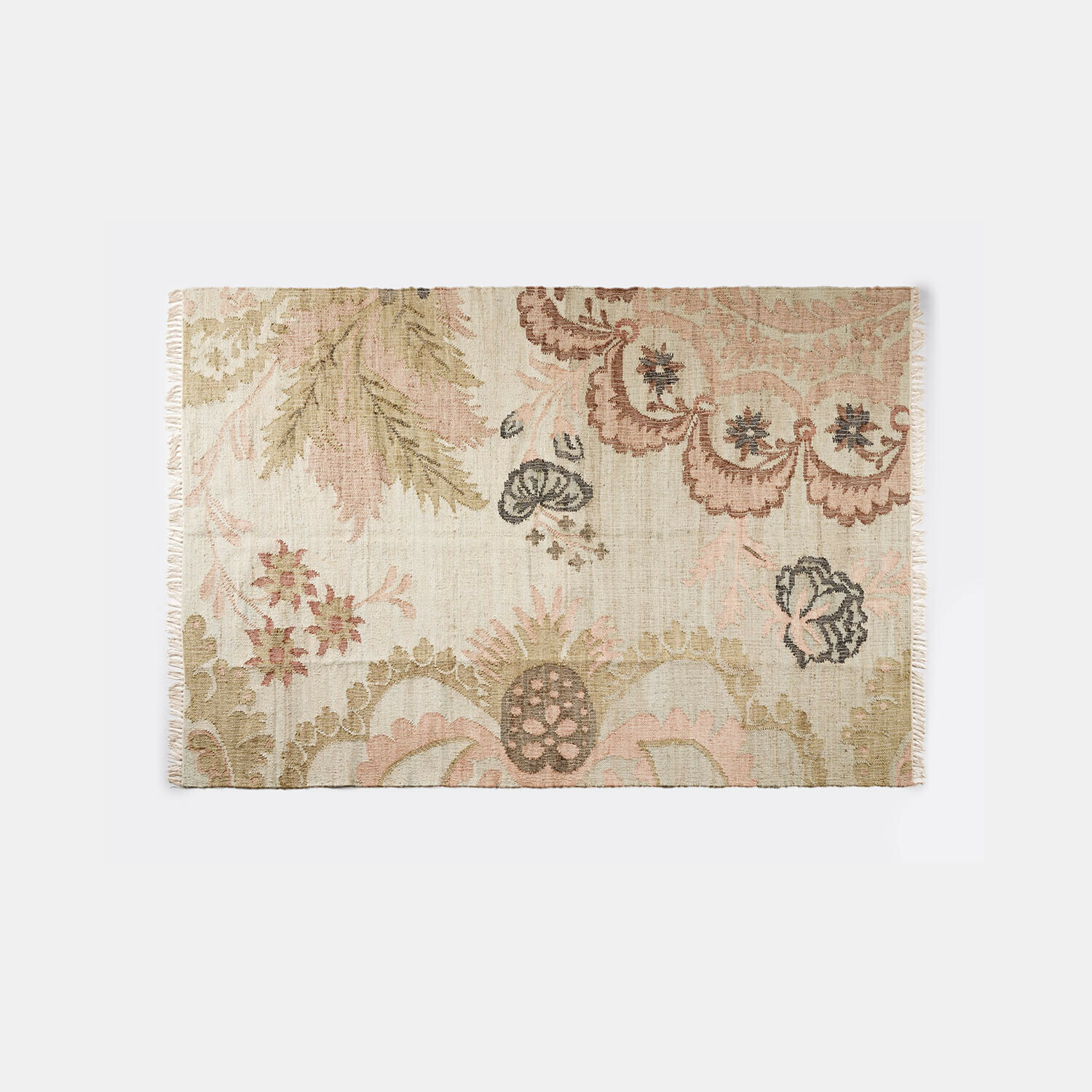 Tappeto Amélorie Tappeto in materiale naturale beige con motivi floreali rosa, decorativo e elegante