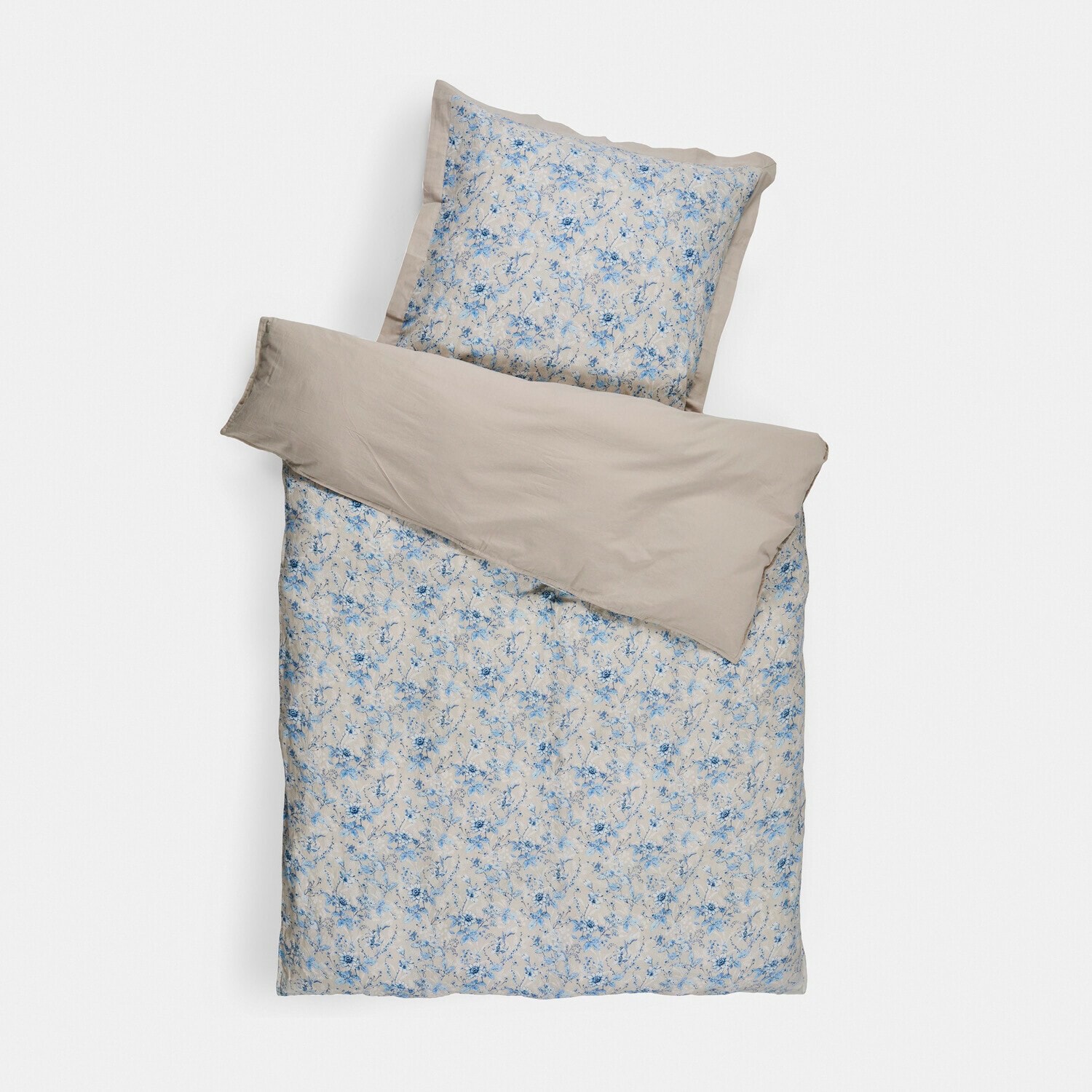 Biancheria da letto Vailenne Biancheria da letto in cotone beige con motivo floreale blu, completo con federa