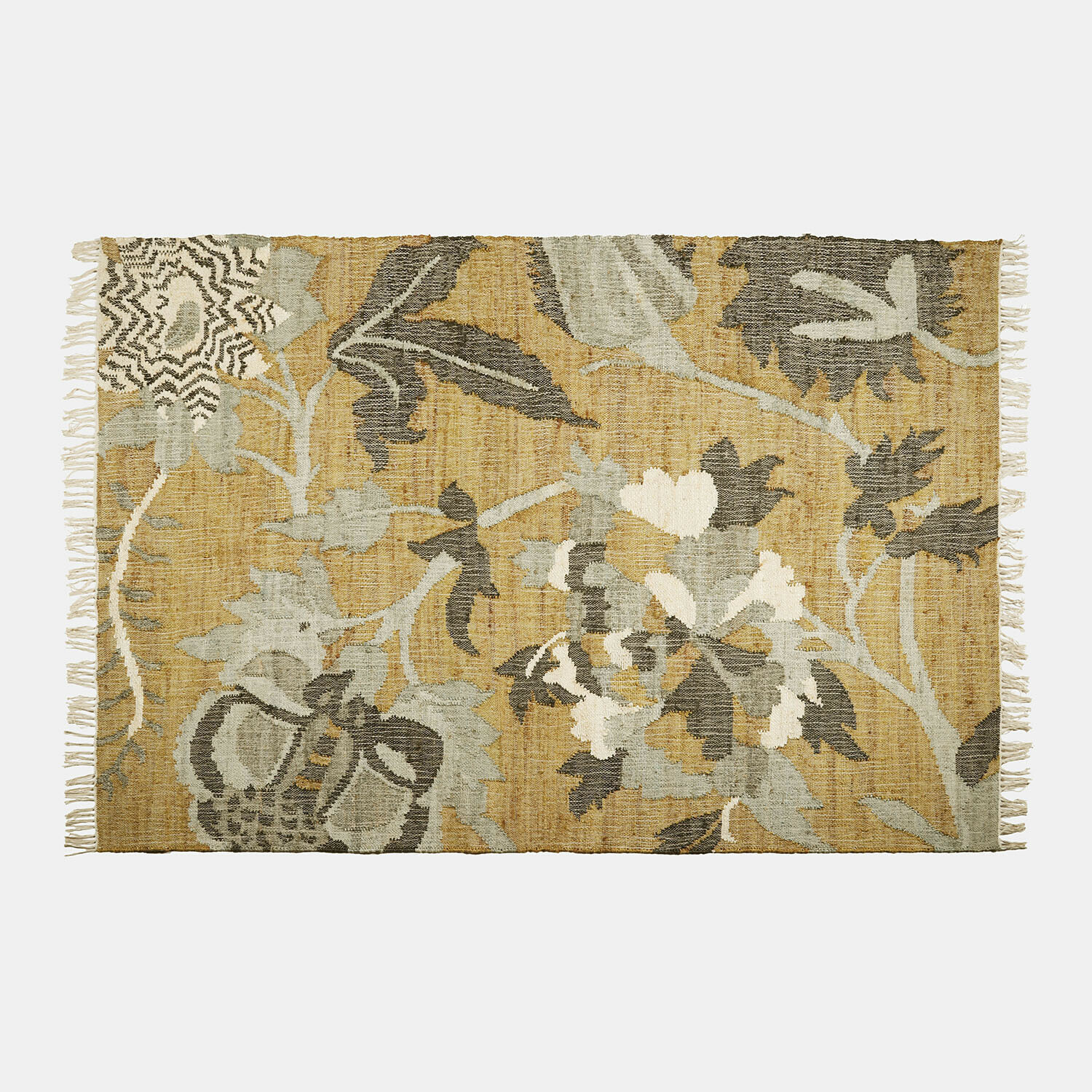 Tappeto Ornelless Tappeto in materiale naturale beige con motivi floreali grigi, decorazione elegante per soggiorno