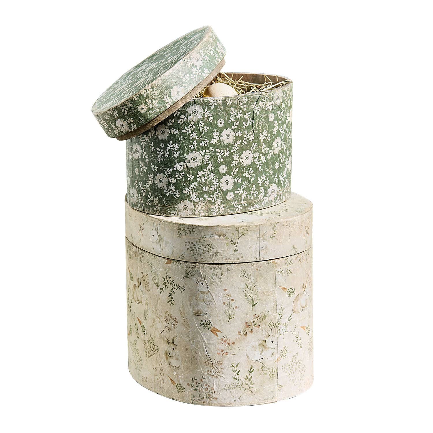 Coppia di scatole Puddlebrook Set di due scatole rotonde in carta con motivo floreale e conigli in verde e beige decorativo