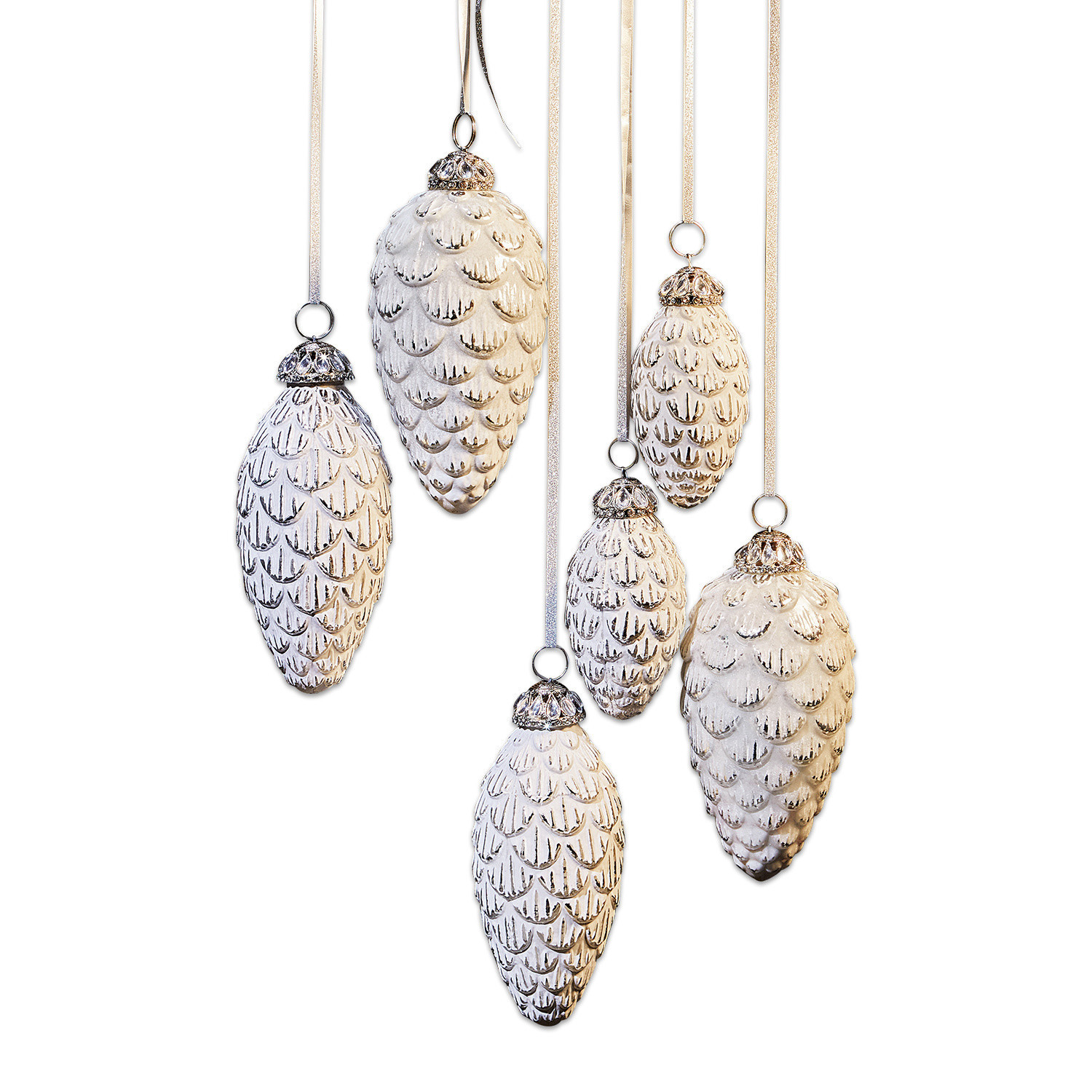Set di 6 decorazioni natalizie Éva Set di decorazioni a forma di pigna bianche con dettagli argento per addobbi natalizi