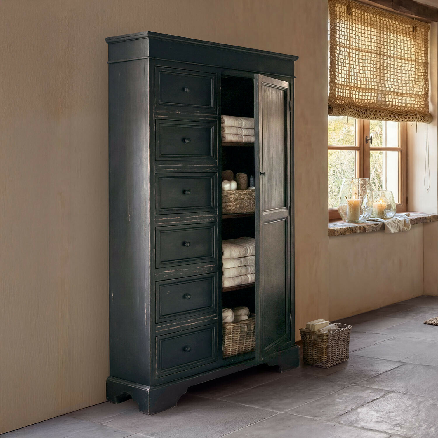 Cassettiera Vireldan Armadio nero in legno con cassetti e scaffali con asciugamani in interno rustico