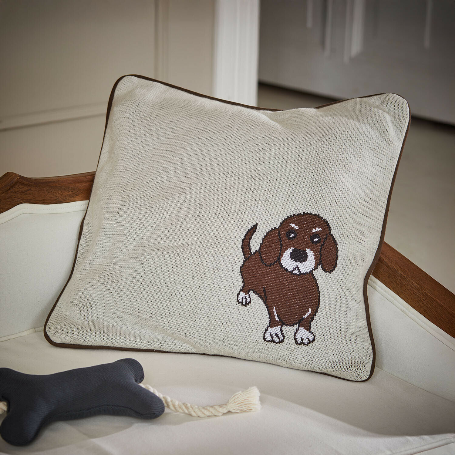 Copricuscino Mehrana Cuscino beige con bordo marrone e ricamo cane, tessuto morbido per decorazione casa