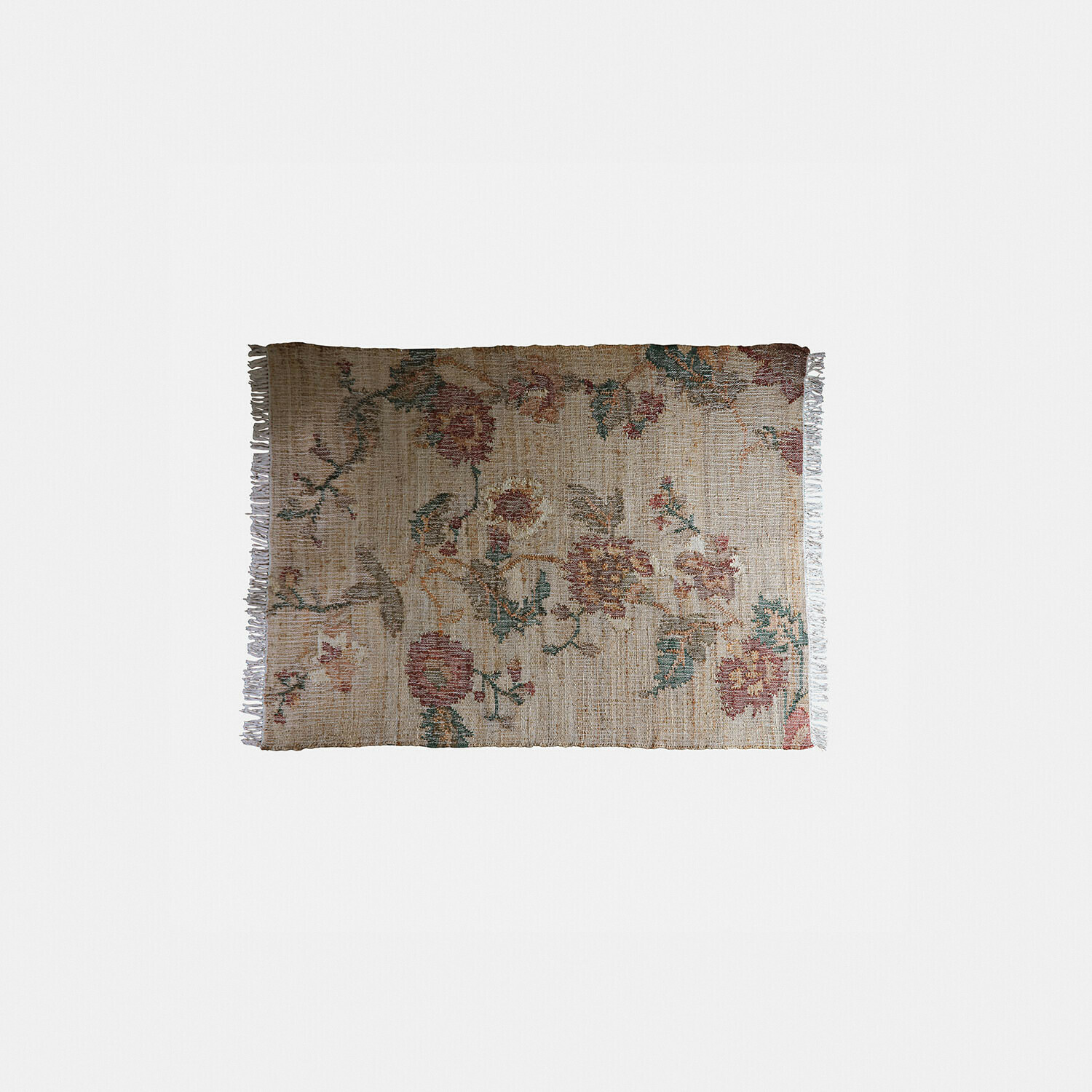 Tappeto Caléndoro Tappeto beige in materiale naturale con motivo floreale e frange laterali per arredamento casa