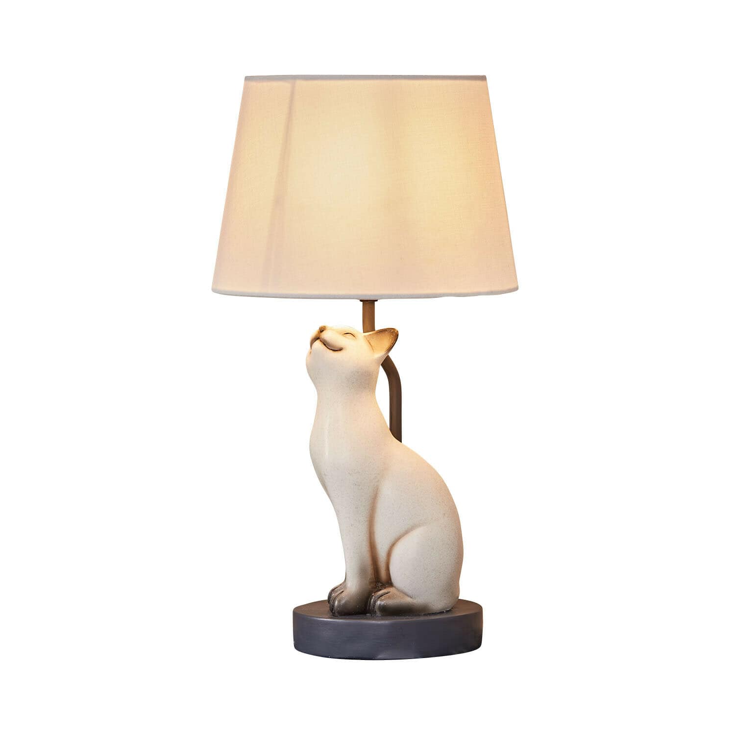 Lampada da tavolo con base in ceramica bianca a forma di gatto e paralume crema per soggiorno
