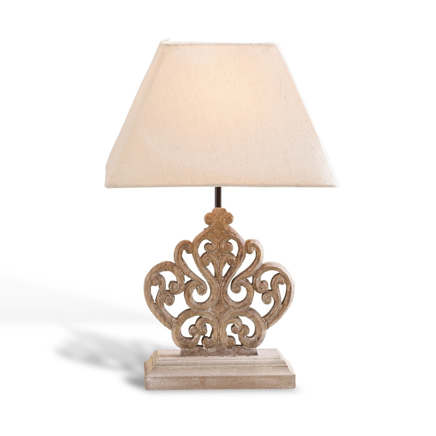 Lampada da tavolo Tamee Lampada da tavolo con paralume beige e base in legno intagliato stile vintage per interni