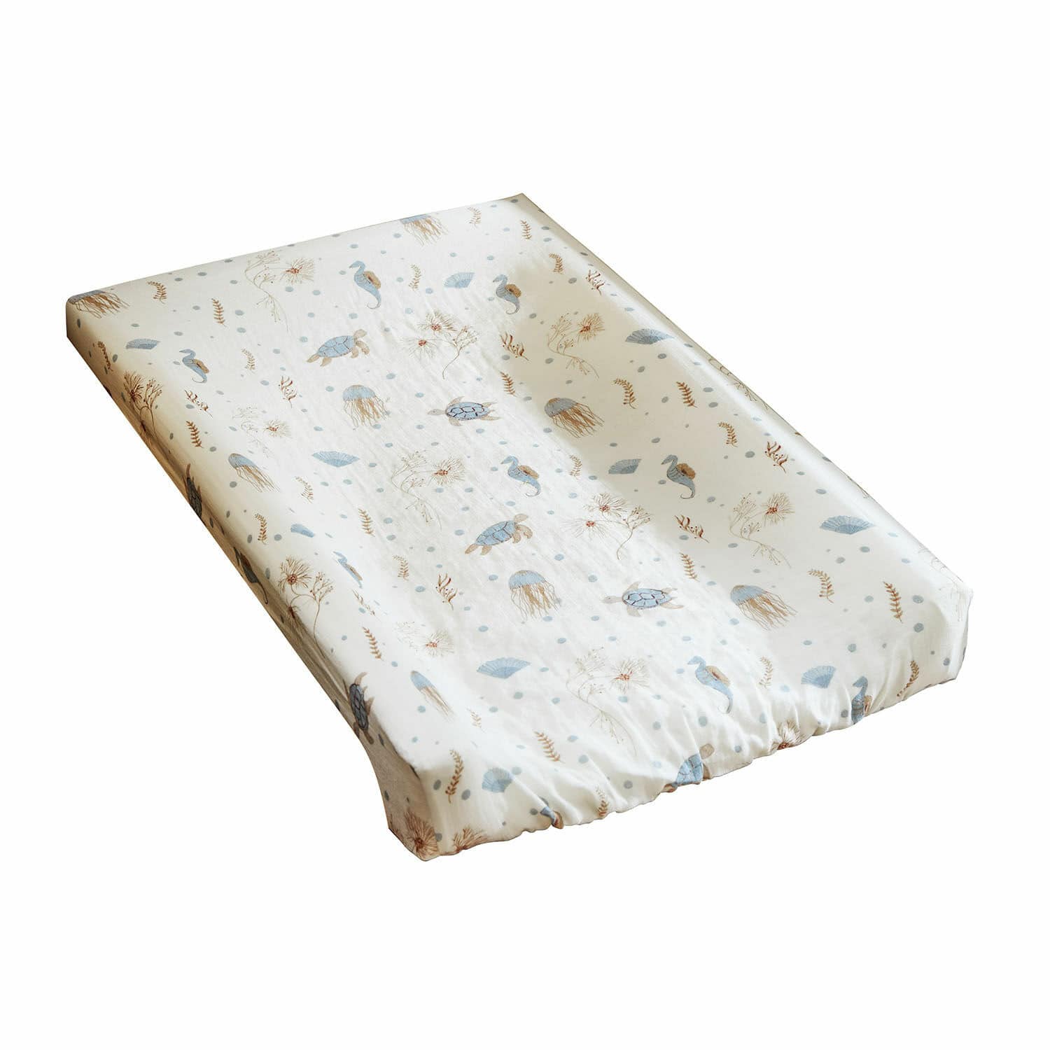 Lenzuolino per fasciatoio Tinkertop Copertura per materassino fasciatoio in cotone con motivo marino di tartarughe e meduse azzurre