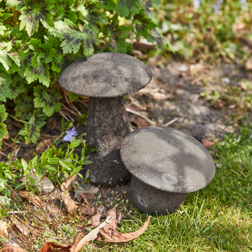 Funghi decorativi in cemento grigio nel giardino su prato con piante verdi