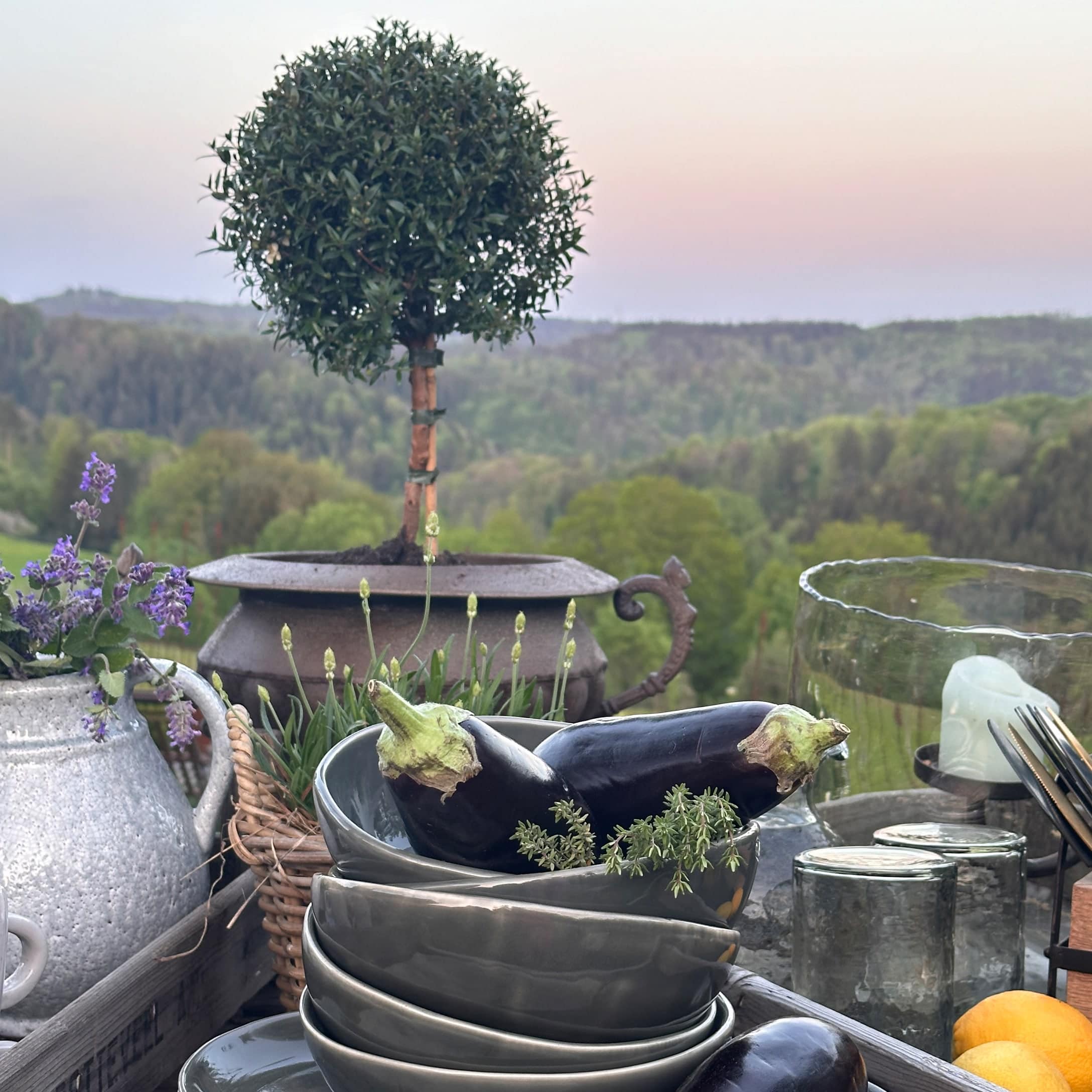 Verdure estive e erbe in ciotole di ceramica davanti a un giardino verde e alberi.
