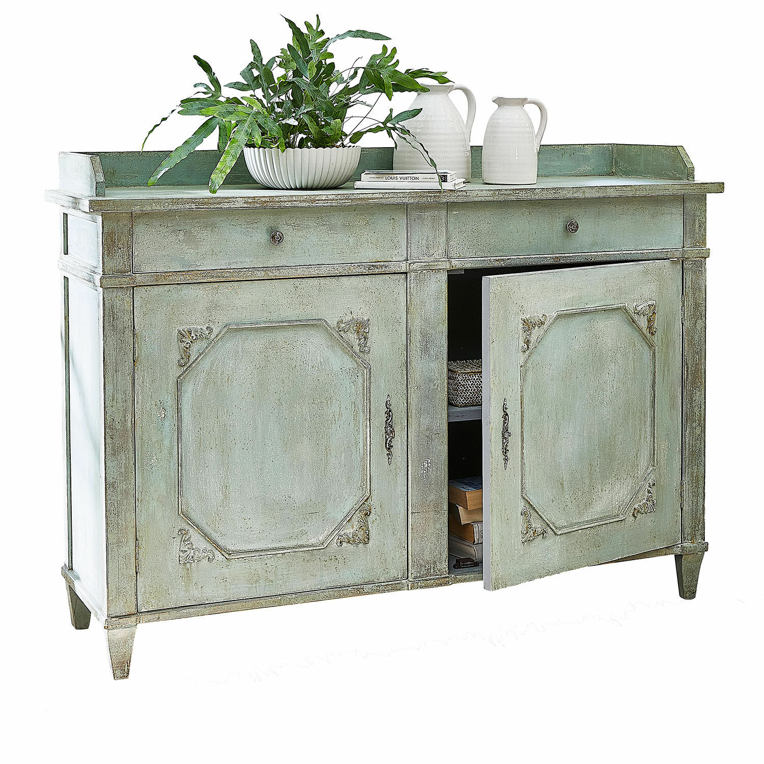 Comò Mervelique Credenza verde in legno con due cassetti e ante decorative per elegante conservazione