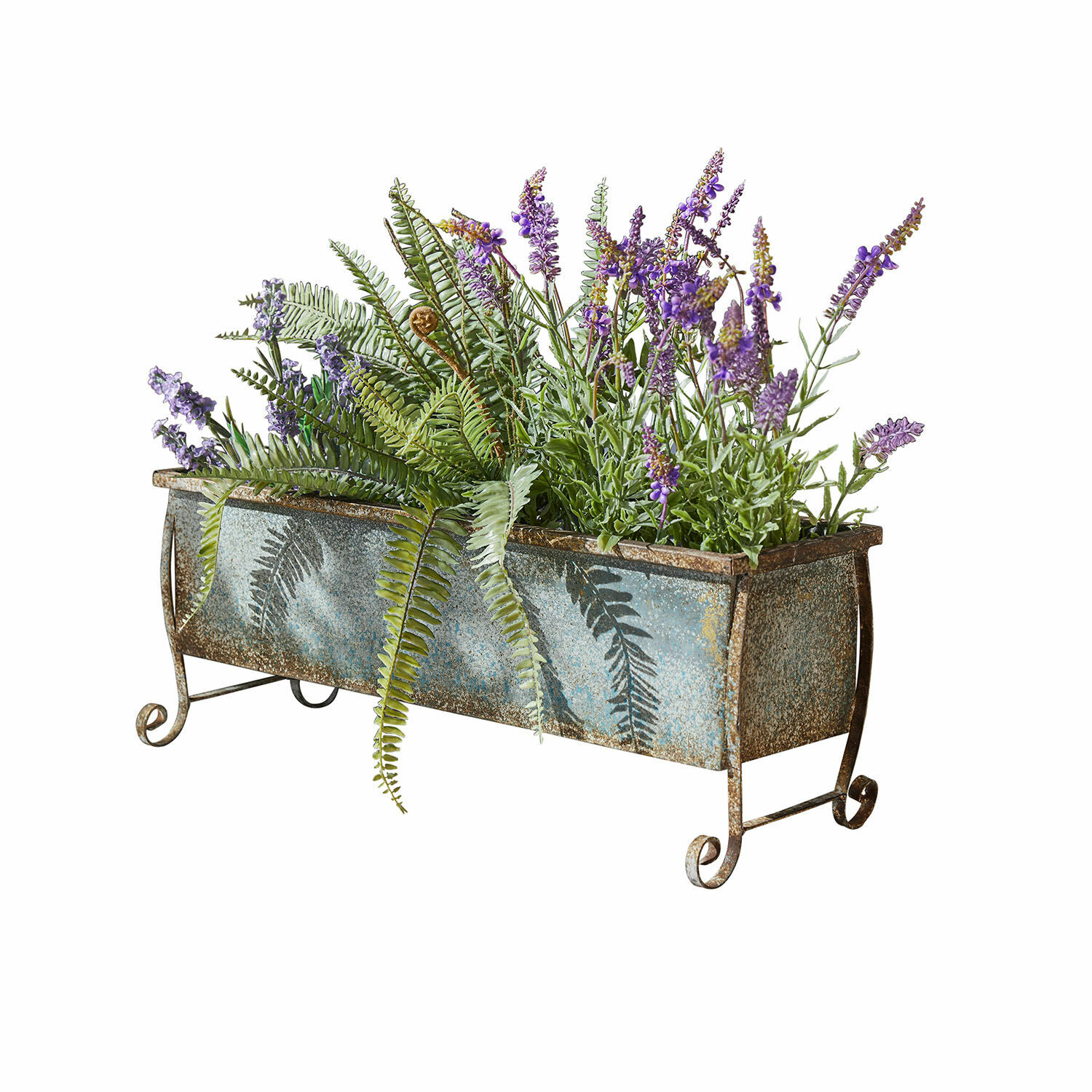 Fioriera Louvière Fioriera in metallo invecchiato con fiori viola e foglie di felce verde per decorazione da giardino