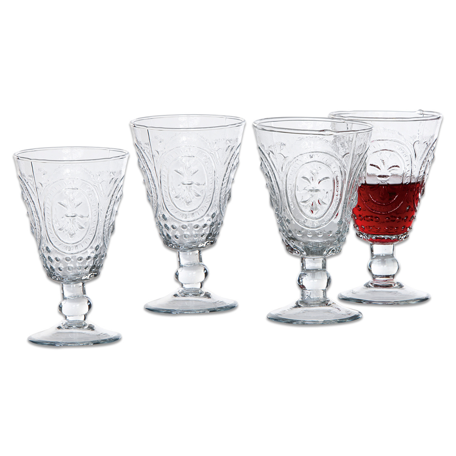 Set di 4 bicchieri da vino Sarton Set di quattro bicchieri trasparenti con motivo decorativo, ideali per servire bevande.