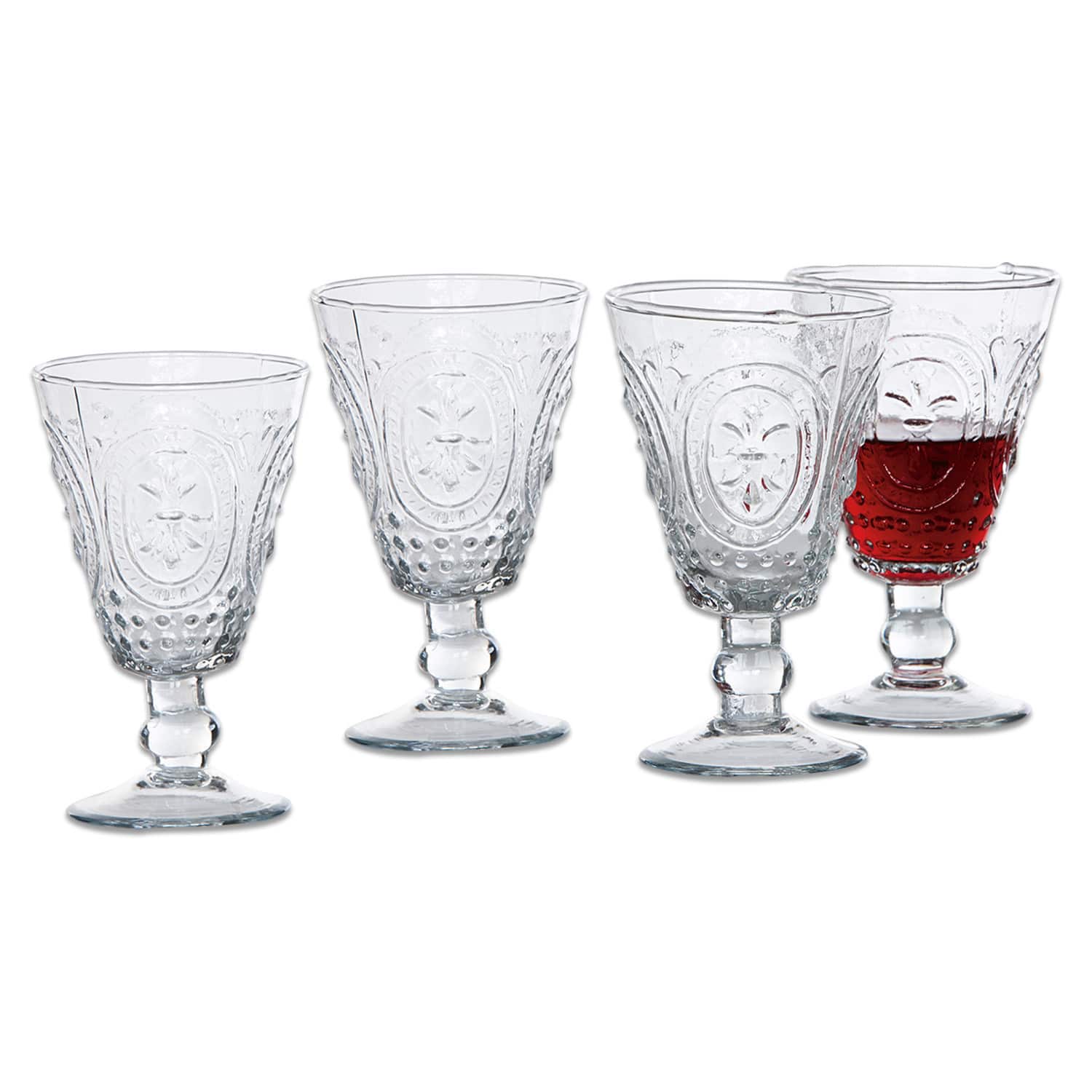 Set di 4 bicchieri da vino Sarton Set di quattro bicchieri trasparenti con motivo decorativo, ideali per servire bevande.