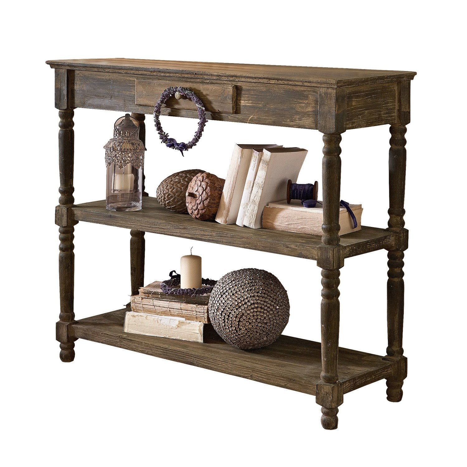 Consolle Roubaix Consolle rustica in legno con ripiani e decorazioni naturali in colori caldi per soggiorno