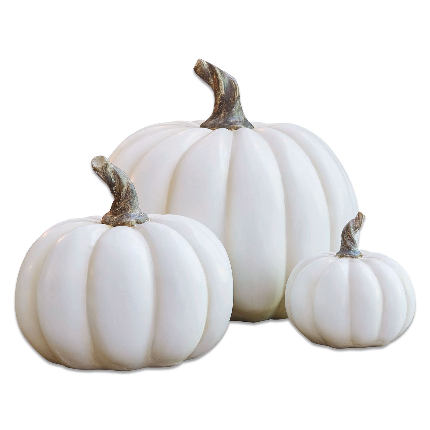 Set di 3 zucche Elrik Set di tre zucche decorative bianche con gambi marroni, decorazione autunnale per interni