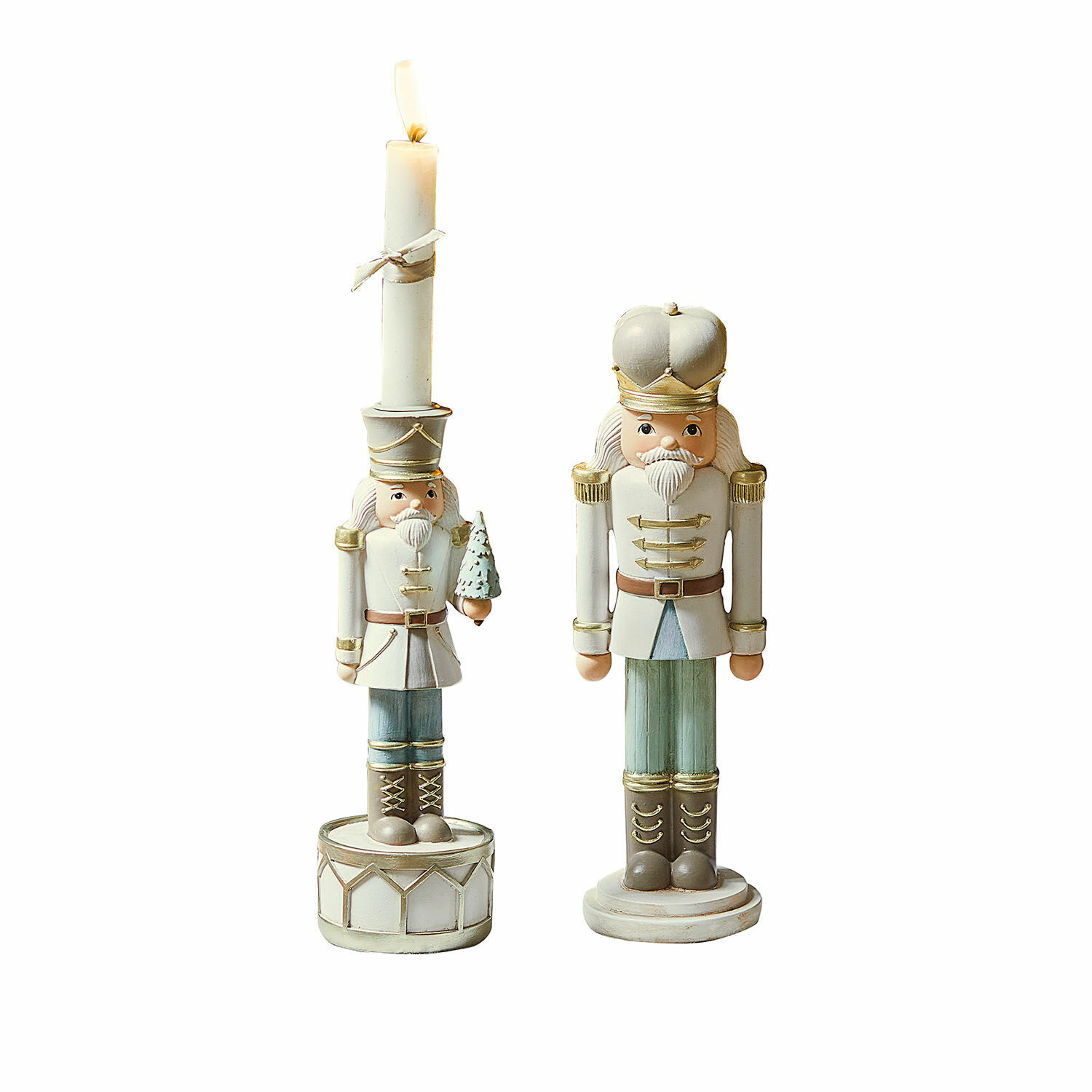 Schiaccianoci decorativo con portacandela Ellicott Figure di schiaccianoci in legno bianche e blu, decorazione natalizia elegante