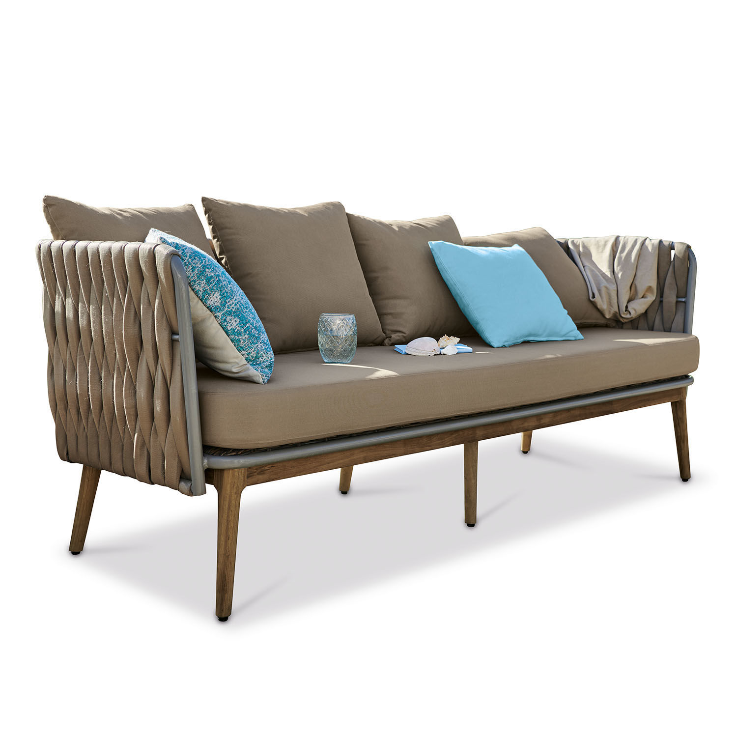 Divano Siochana Divano da esterno moderno con tessuto beige e struttura in legno, ideale per rilassarsi in terrazza