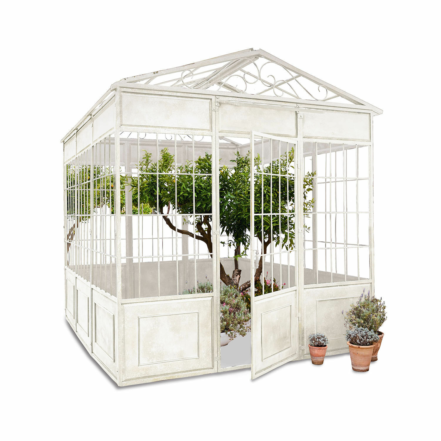 bianco Padiglione da giardino Essone bianco in metallo con piante e vasi, ideale per giardino e terrazza