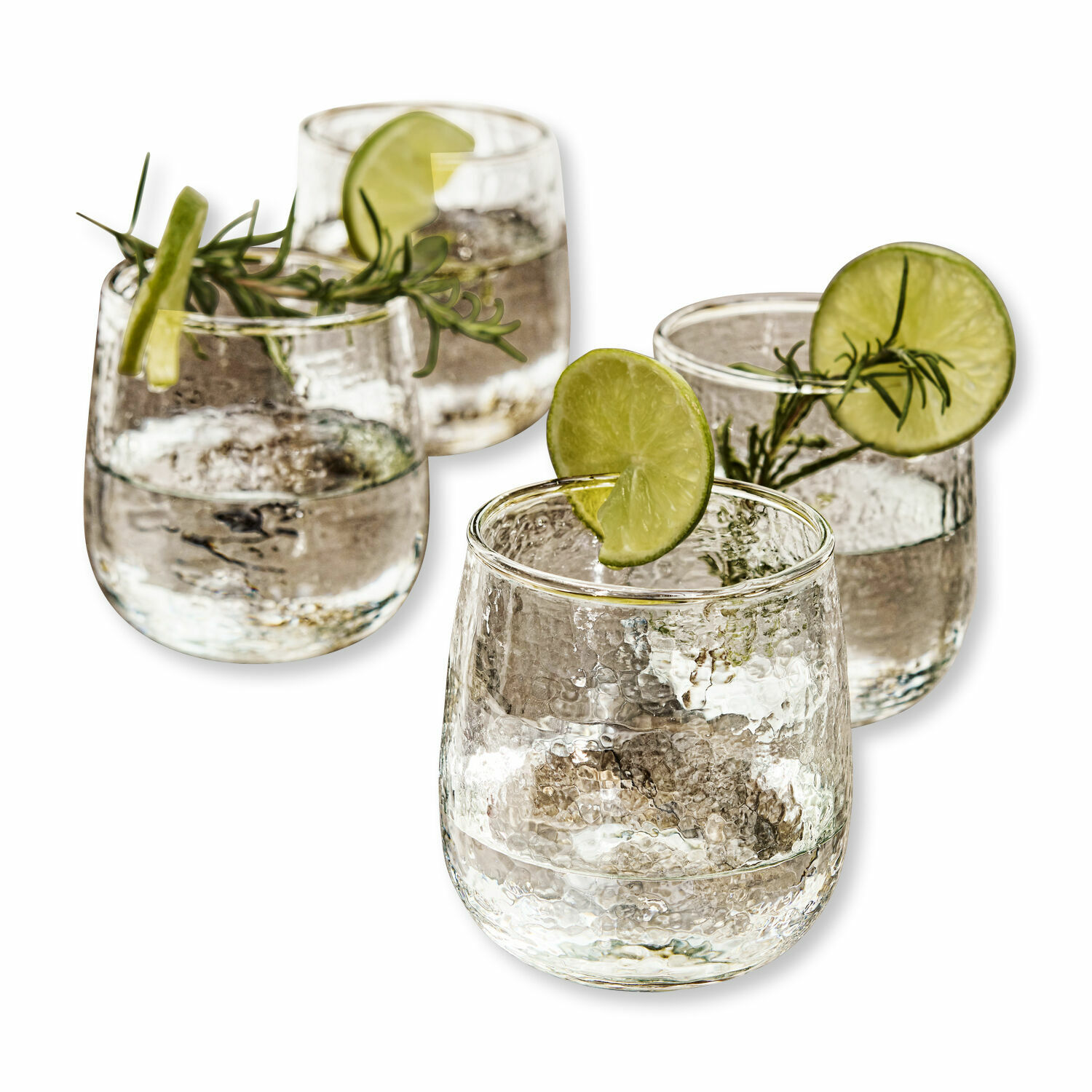 Set di 4 bicchieri Valters Set di quattro bicchieri in vetro strutturato con fette di lime e rametti di rosmarino