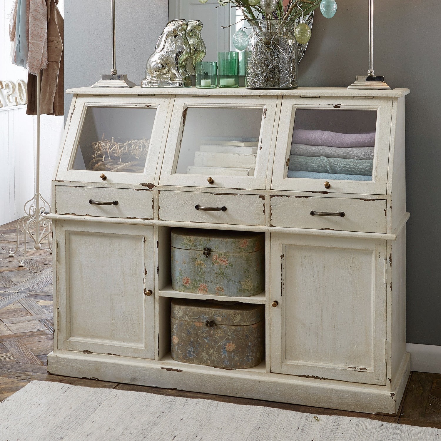 Comò Bolquère Credenza bianca in legno stile vintage con ante in vetro e cassetti per riporre oggetti