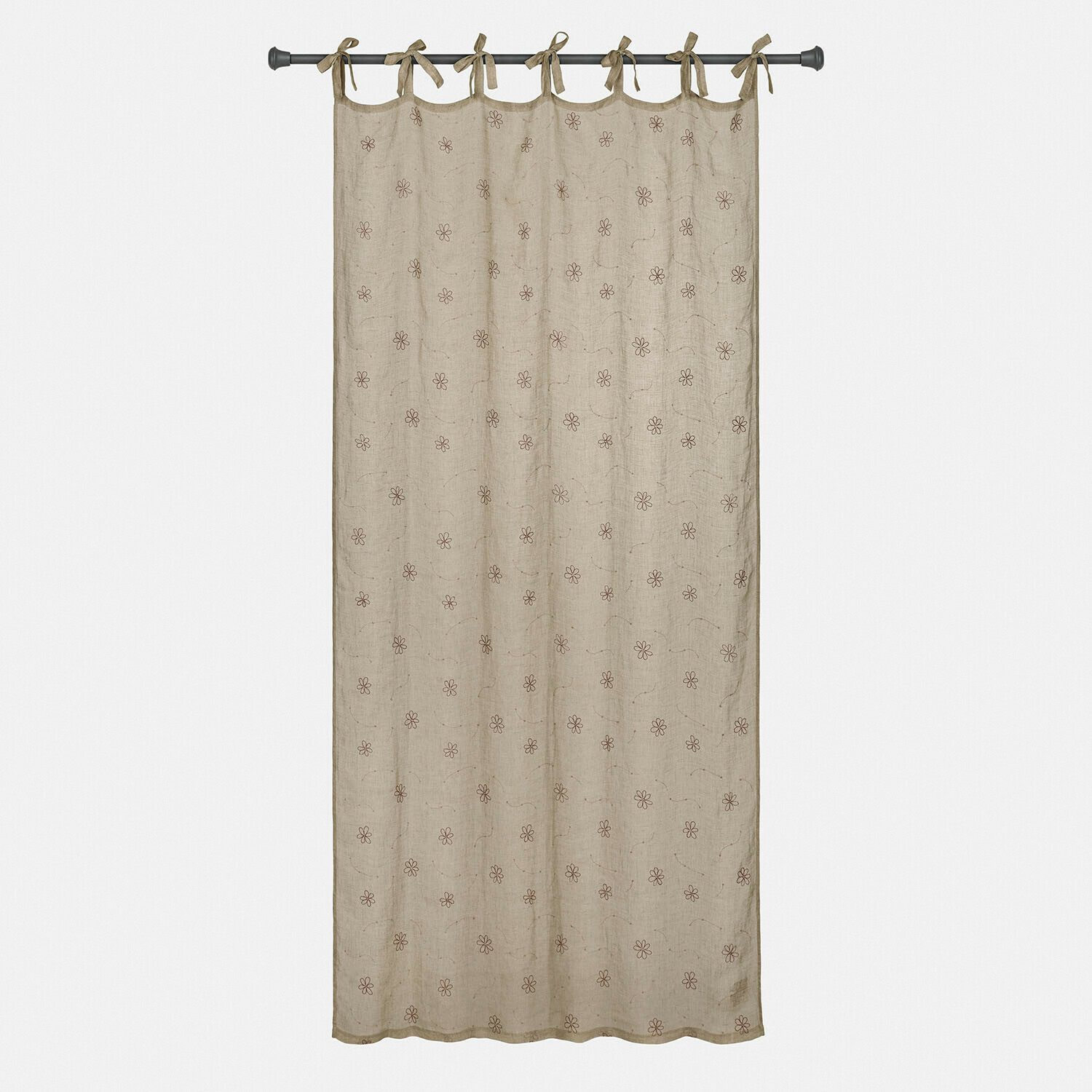 Tenda Amélorie Tenda in lino beige con motivo floreale marrone e nastri annodati per appendere