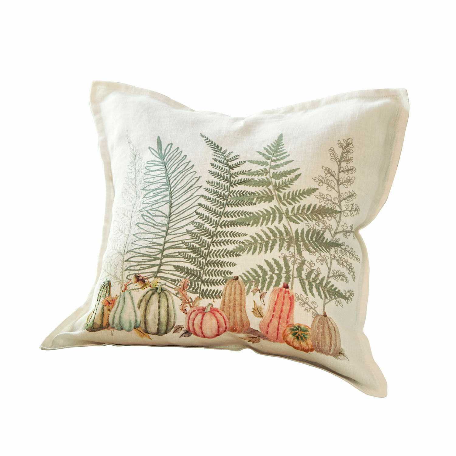 Copricuscino Lorimare Cuscino decorativo in cotone ecru con stampa di felci verdi e zucche colorate
