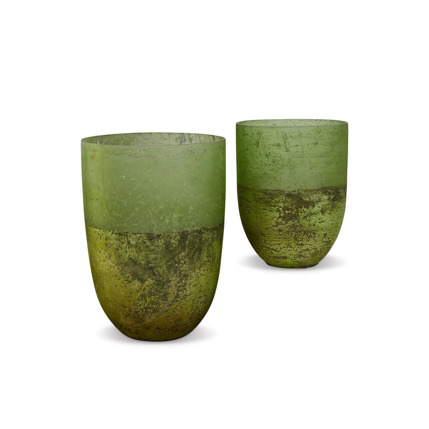 Coppia di portalumini Bessens Set di due portacandele in vetro verde con finitura opaca e invecchiata per decorazione d'interni