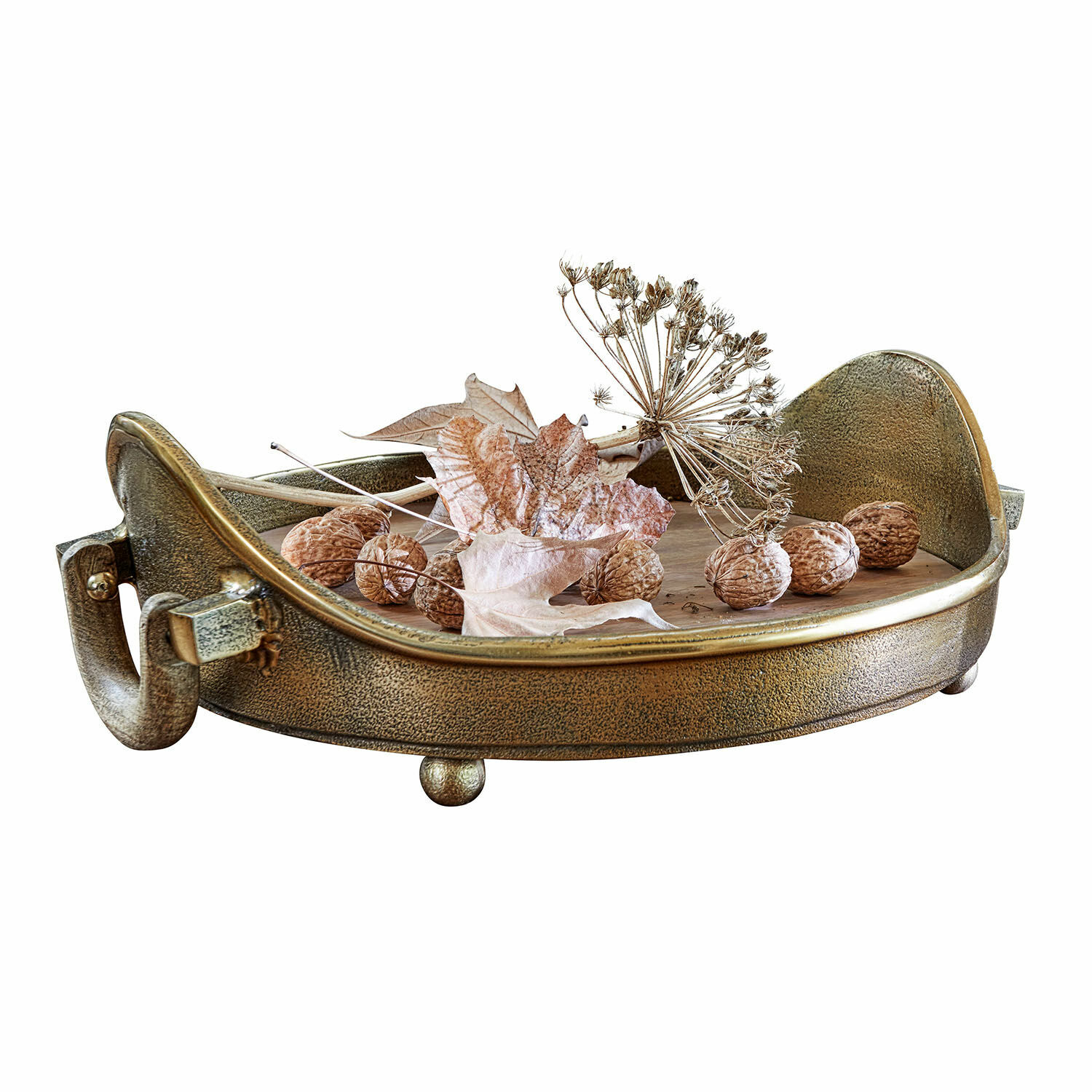 Vassoio Louvil Vassoio decorativo rotondo in metallo color oro antico con foglie secche e noci