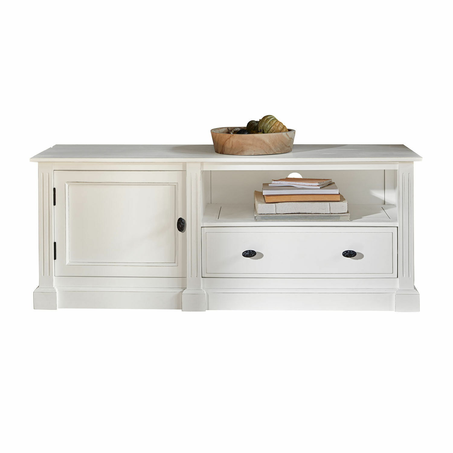 Credenza Lune Sauvage Tavolino bianco in legno con cassetto e ripiano, ciotola decorativa e libri sopra