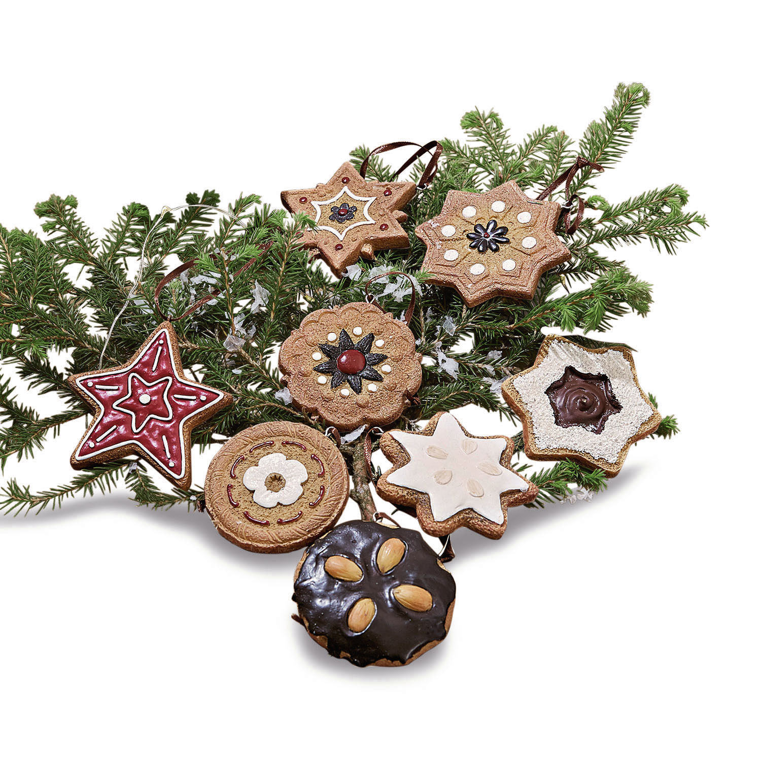 Set di 8 decorazioni da appendere Cibla Set di decorazioni natalizie a forma di biscotti in materiale naturale su rami di abete
