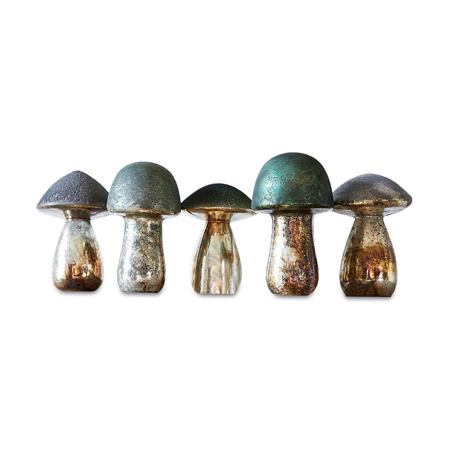 Set di 5 funghi decorativi Grana Funghi decorativi in metallo color argento e verde per decorazioni d'interni e giardini