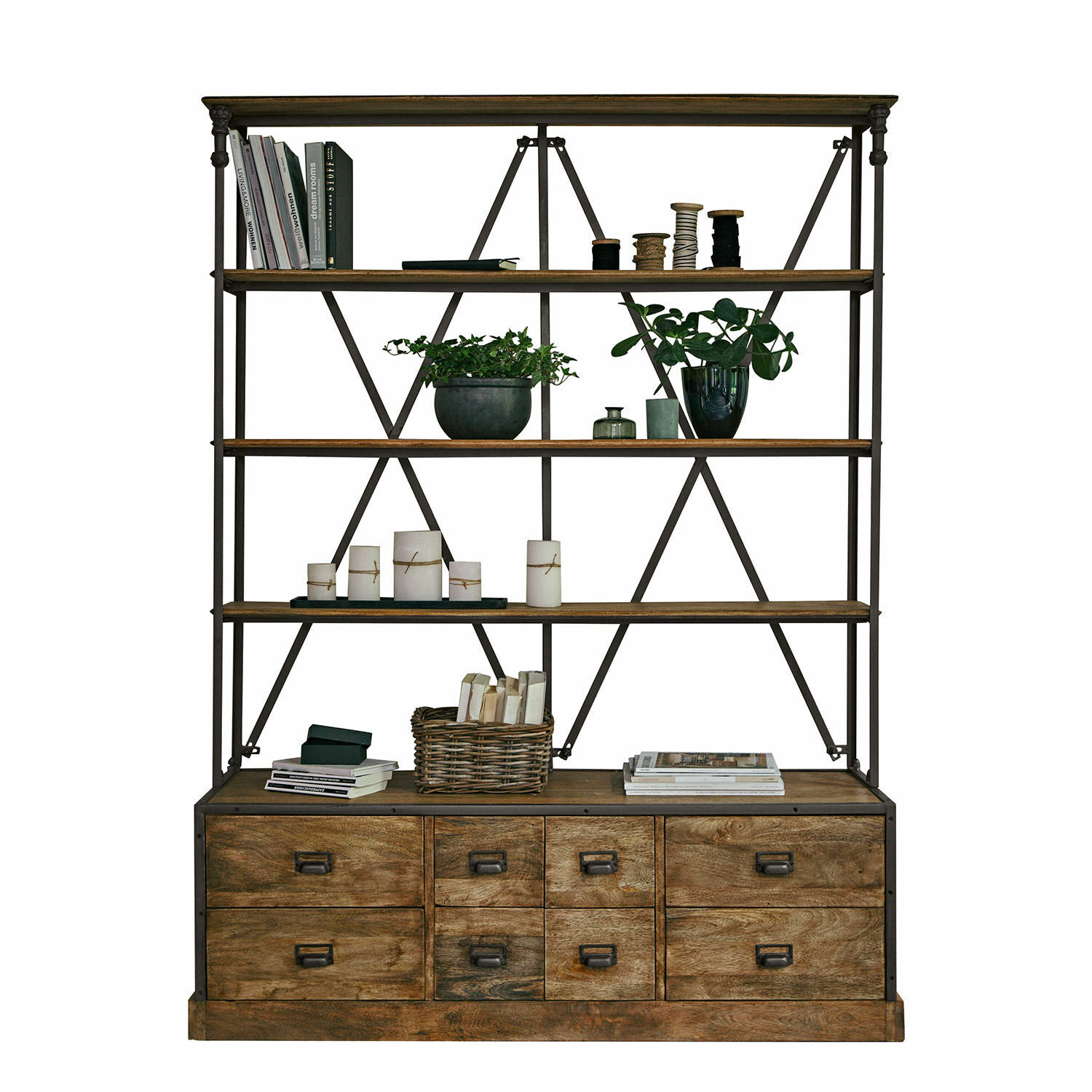 Scaffale con cassetti Lemuel Libreria in legno e metallo marrone con cassetti e ripiani per libri e decorazioni