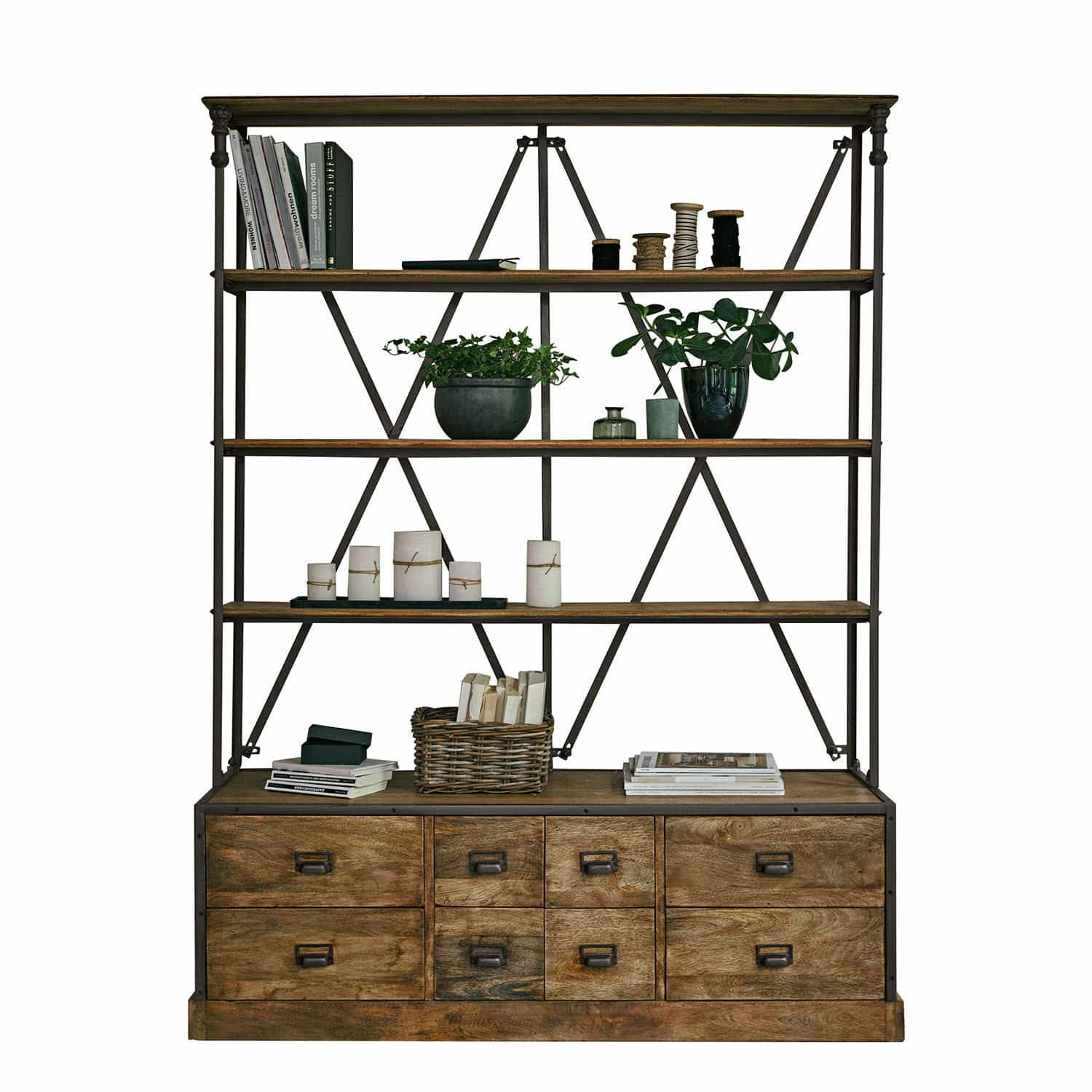 Scaffale con cassetti Lemuel Libreria in legno e metallo marrone con cassetti e ripiani per libri e decorazioni